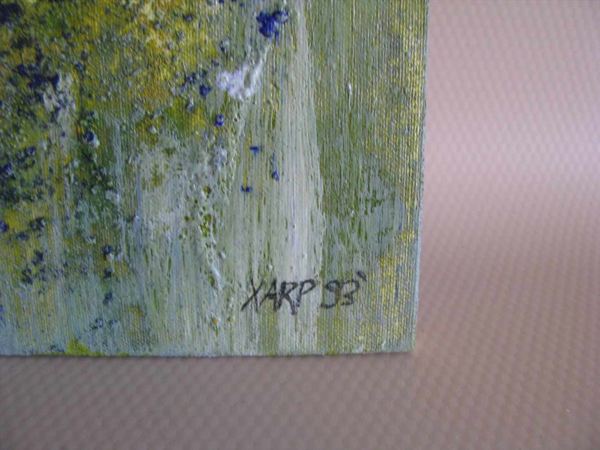 Xarp, 93, "Landmark 6 (Grenzstein)", re.u.sign.u.dat. 93, Öl/Holz, 23,5 x 18 cm, o.R., WVZ: 201. - Bild 2 aus 2