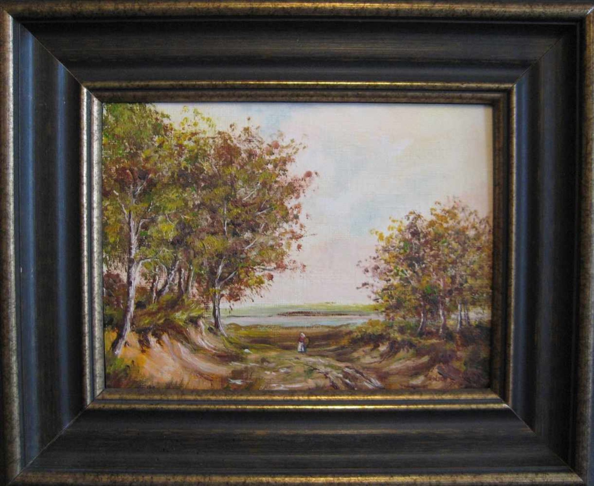 Holzer, B., "Reisigsammlerin am See", Öl/Malerpappe, 18 x 24 cm, R.