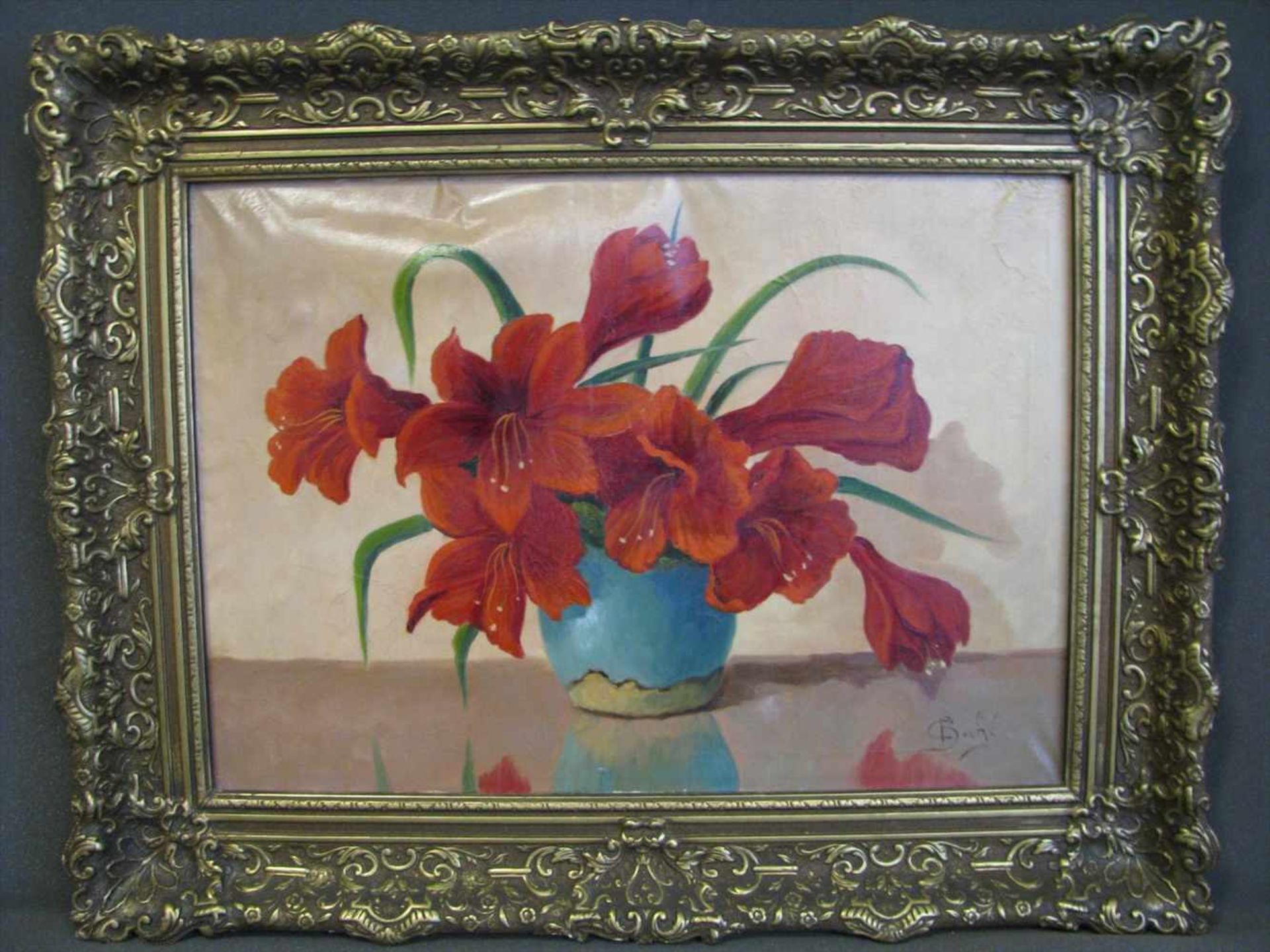 Bahé, C., "Stillleben mit Amaryllis", re.u.sign., Öl/Leinwand, besch., 50 x 70 cm, Stuckrahmen.