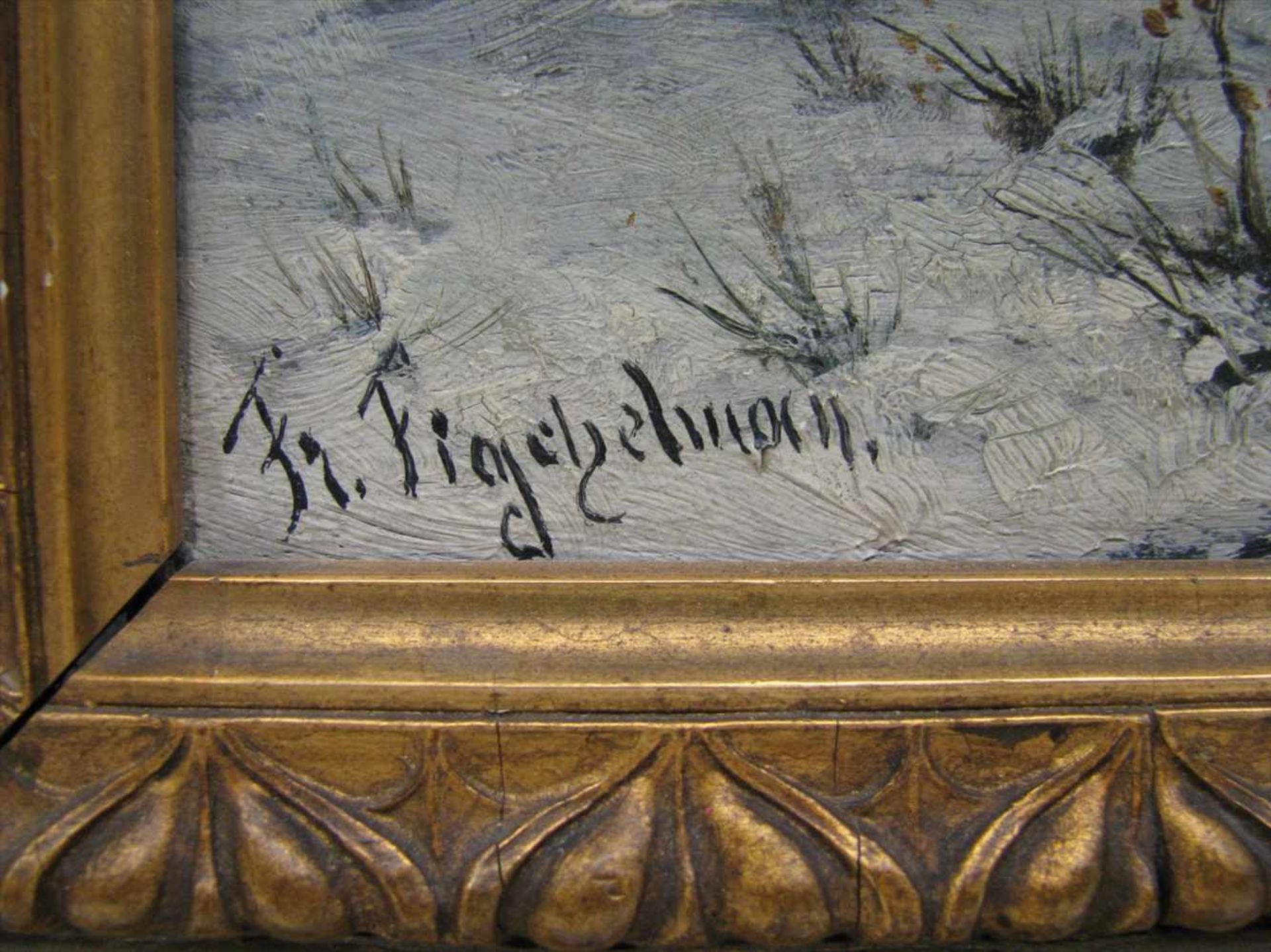 Figelmann, "Der Heimweg bei Vollmond", li.u.sign., Öl/Malerpappe, Farbabplatzungen, 22 x 28 cm, R. - Bild 2 aus 2