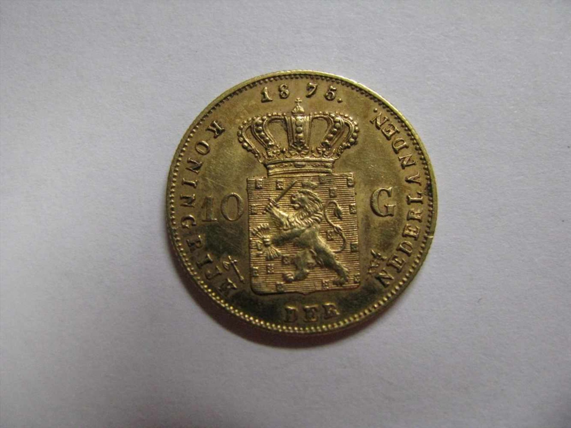 Goldmünze, Niederlande, 10 Gulden, Willem III. der Niederlande, 1875, 6,7 g, d 2,2 cm. - Image 2 of 2