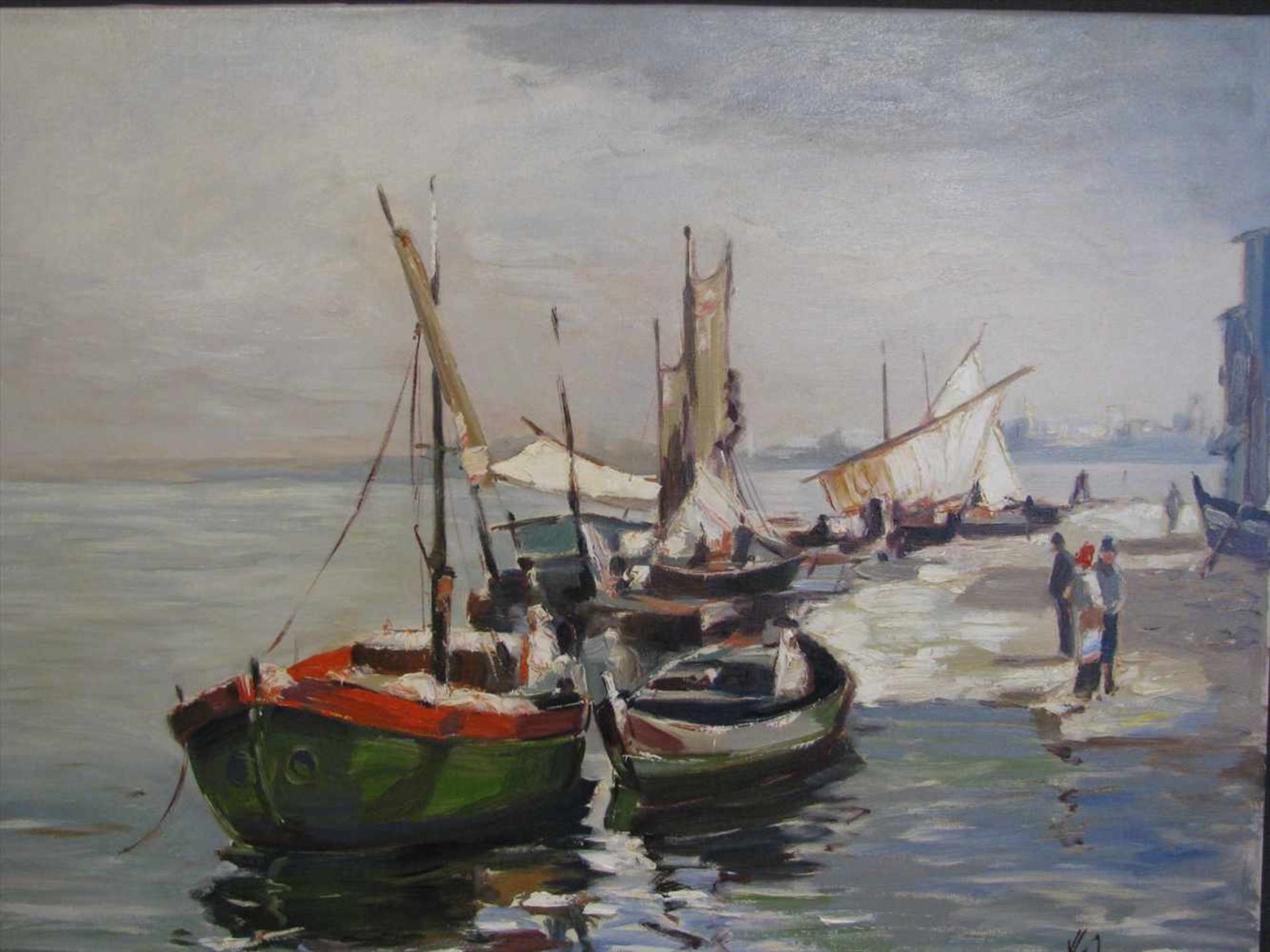 Monogrammist, H.W., "Fischerboote am Strand", re.u.monogr., Öl/Leinwand, 61 x 81 cm, o.R.