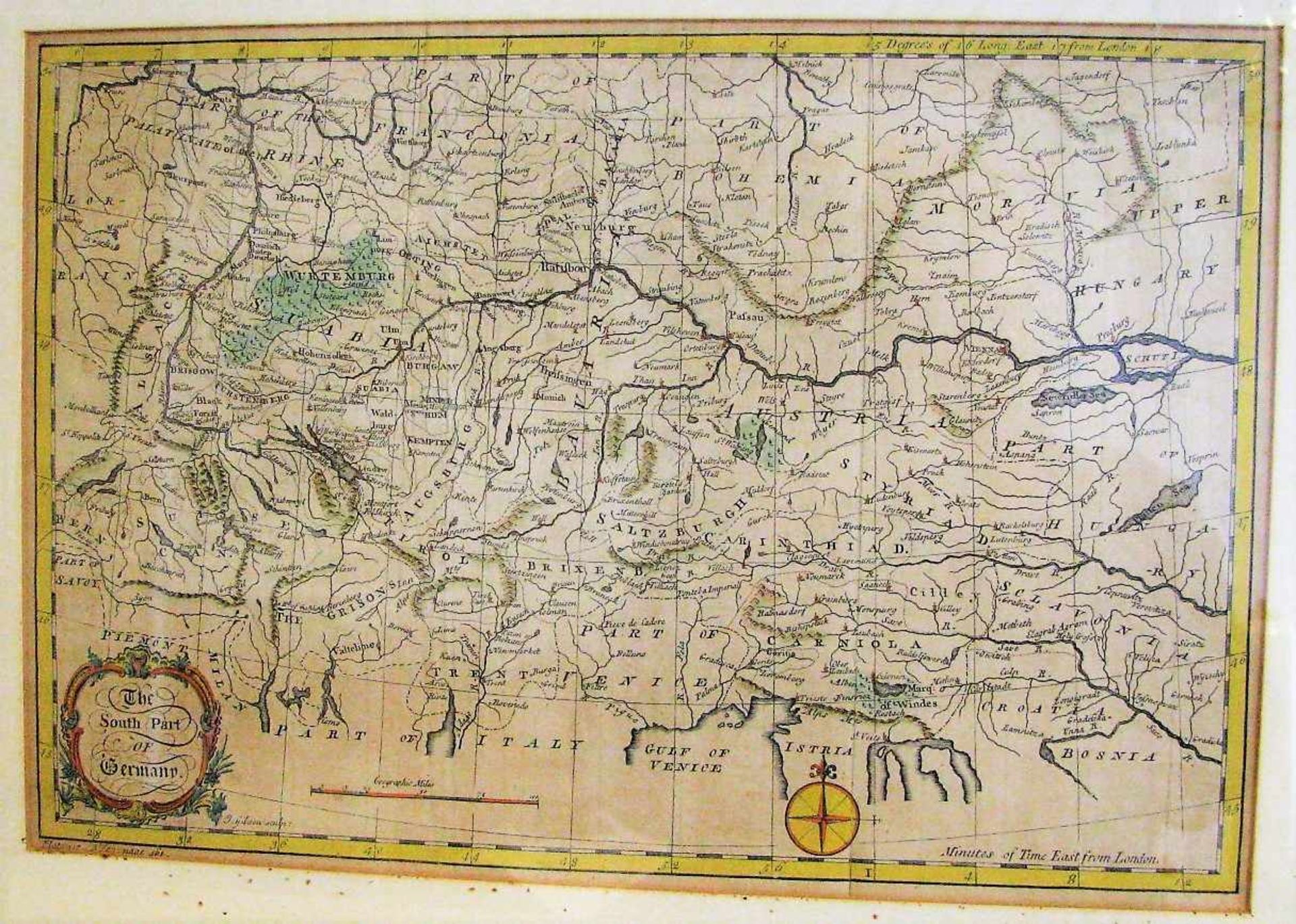 Landkarte, 18. Jahrhundert, "The South Part of Germany", altcol., 26,5 x 39,5 cm, R.