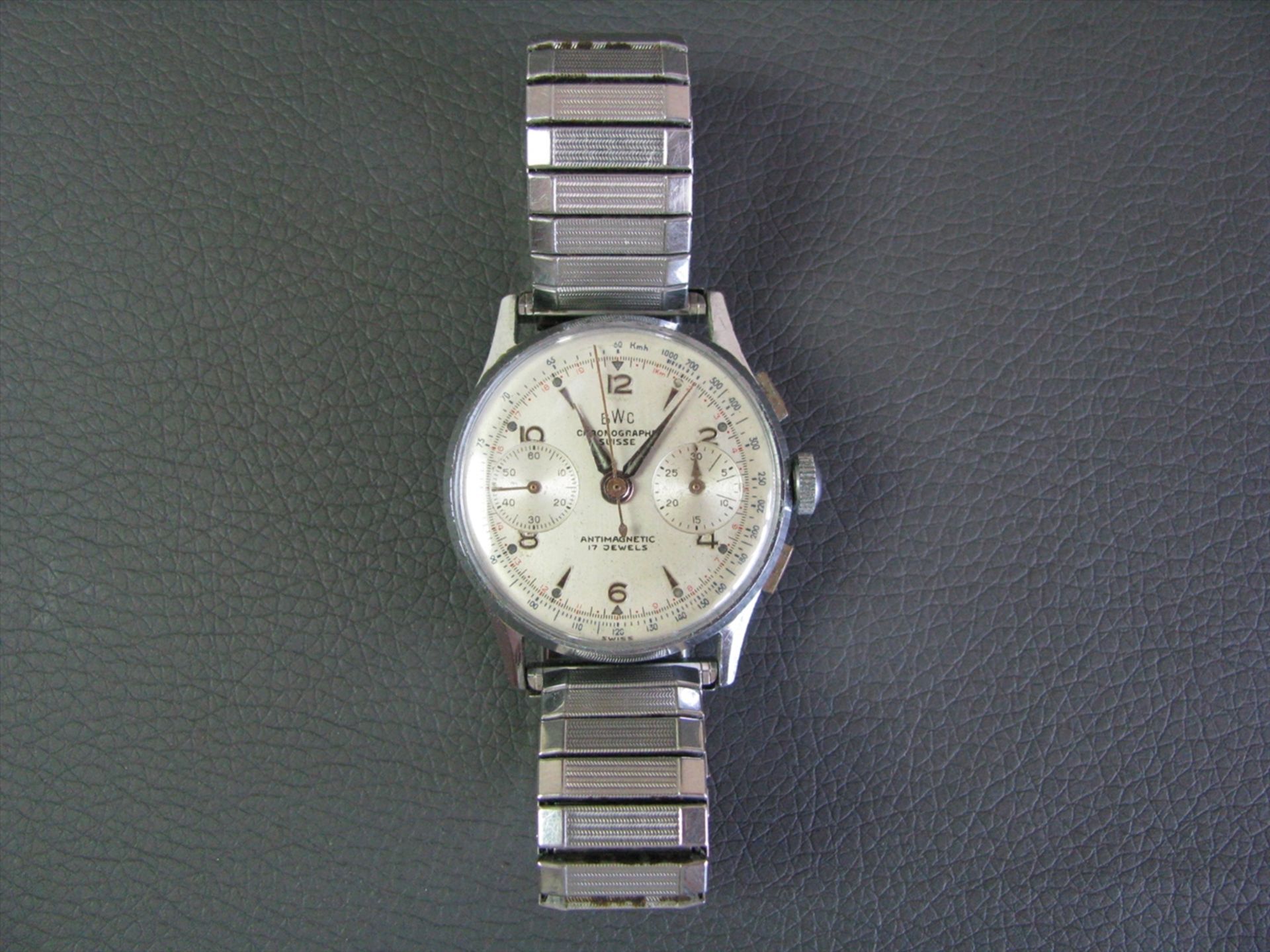 HAU, BWC Chronographe Suisse, 1950/60er Jahre, Stahlgehäuse, Kronenaufzug, Flixoflexband, intakt,