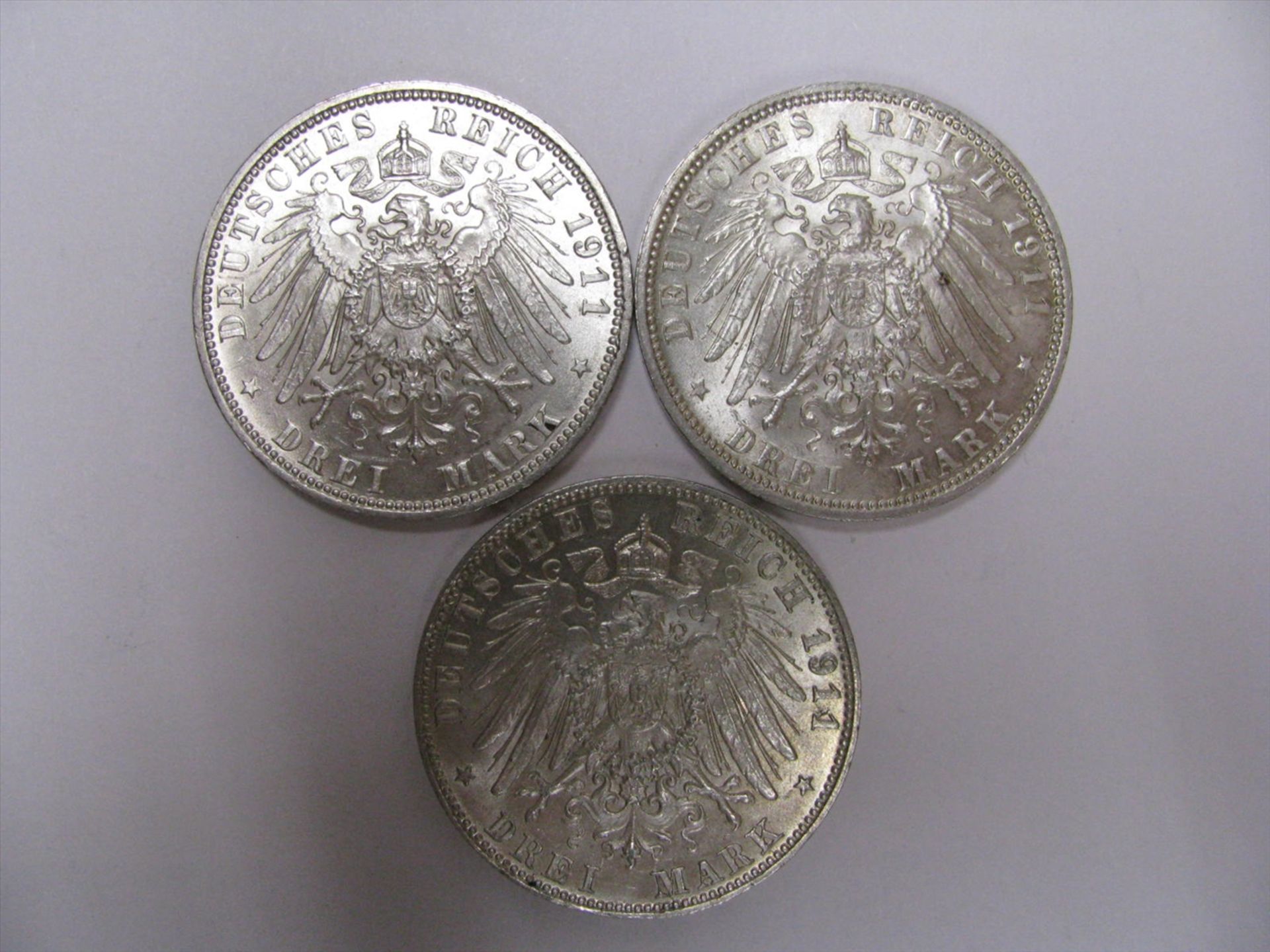 3 Silbermünzen, 3-Mark, Deutsches Reich, Luitpold von Bayern, 1911, 50 g, d 3,2 cm.- - -19.00 % - Bild 2 aus 2
