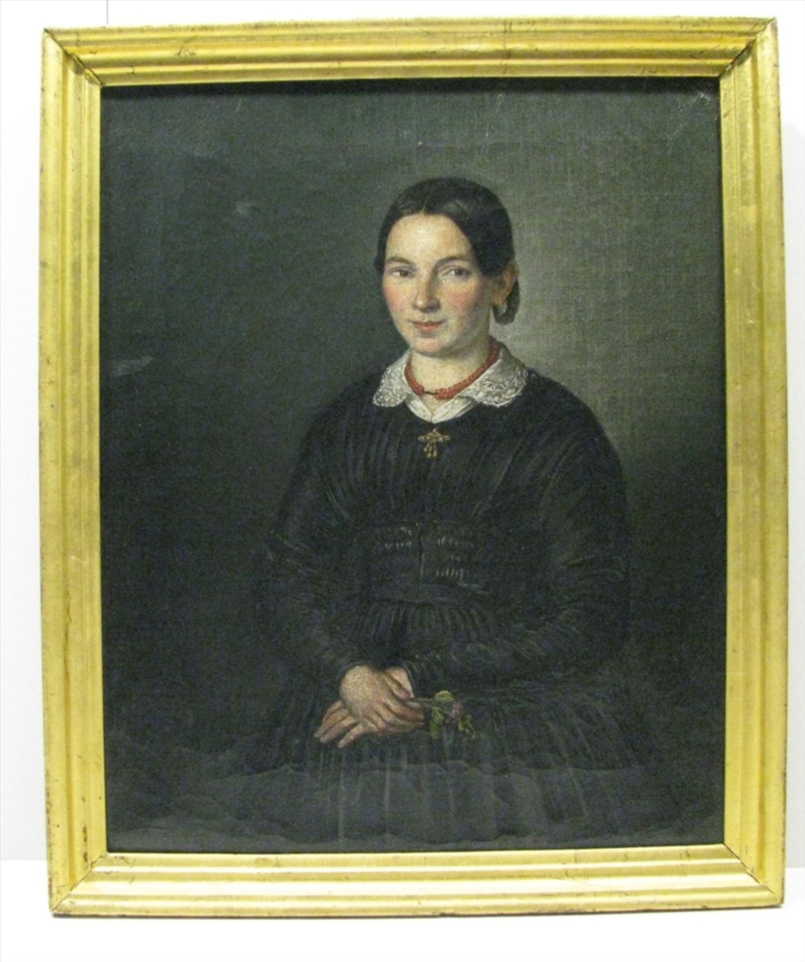 Biedermeier, um 1850, Damen- und Herrenporträt, Öl/Leinwand, 40 x 32,5 cm, Blattgoldrahmen.- - -19. - Bild 2 aus 3