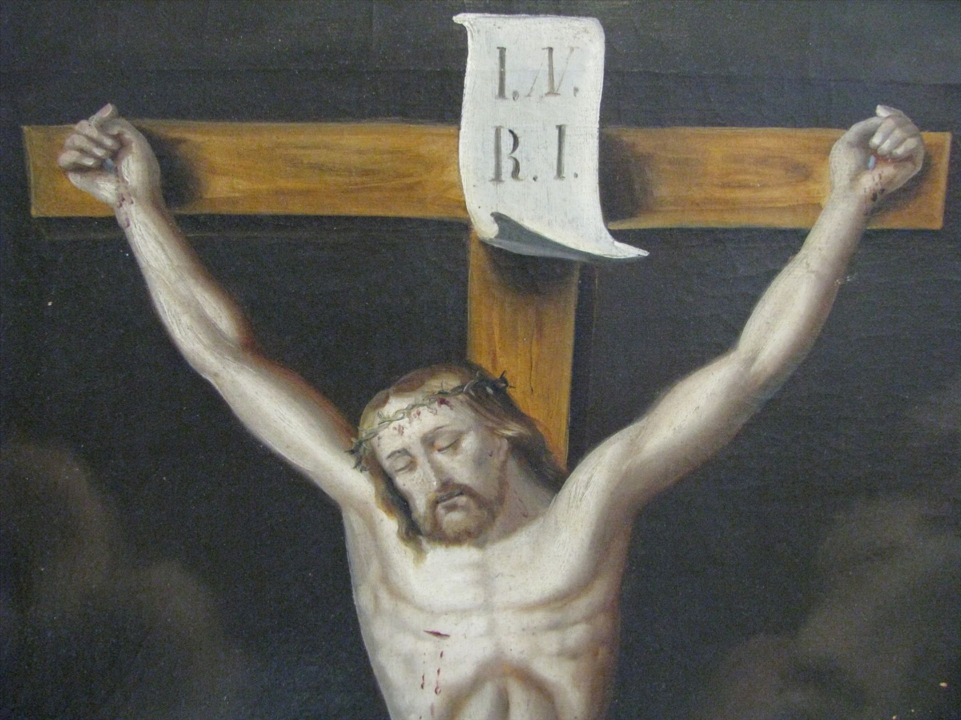 Süddeutsch, um 1800, "Kreuzigungsszene", Öl/Leinwand, 3 kl. Rest., 69 x 55 cm, Stuckrahmen mit - Bild 2 aus 2