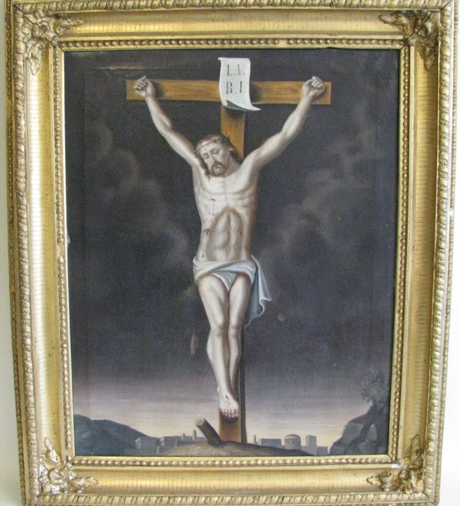 Süddeutsch, um 1800, "Kreuzigungsszene", Öl/Leinwand, 3 kl. Rest., 69 x 55 cm, Stuckrahmen mit