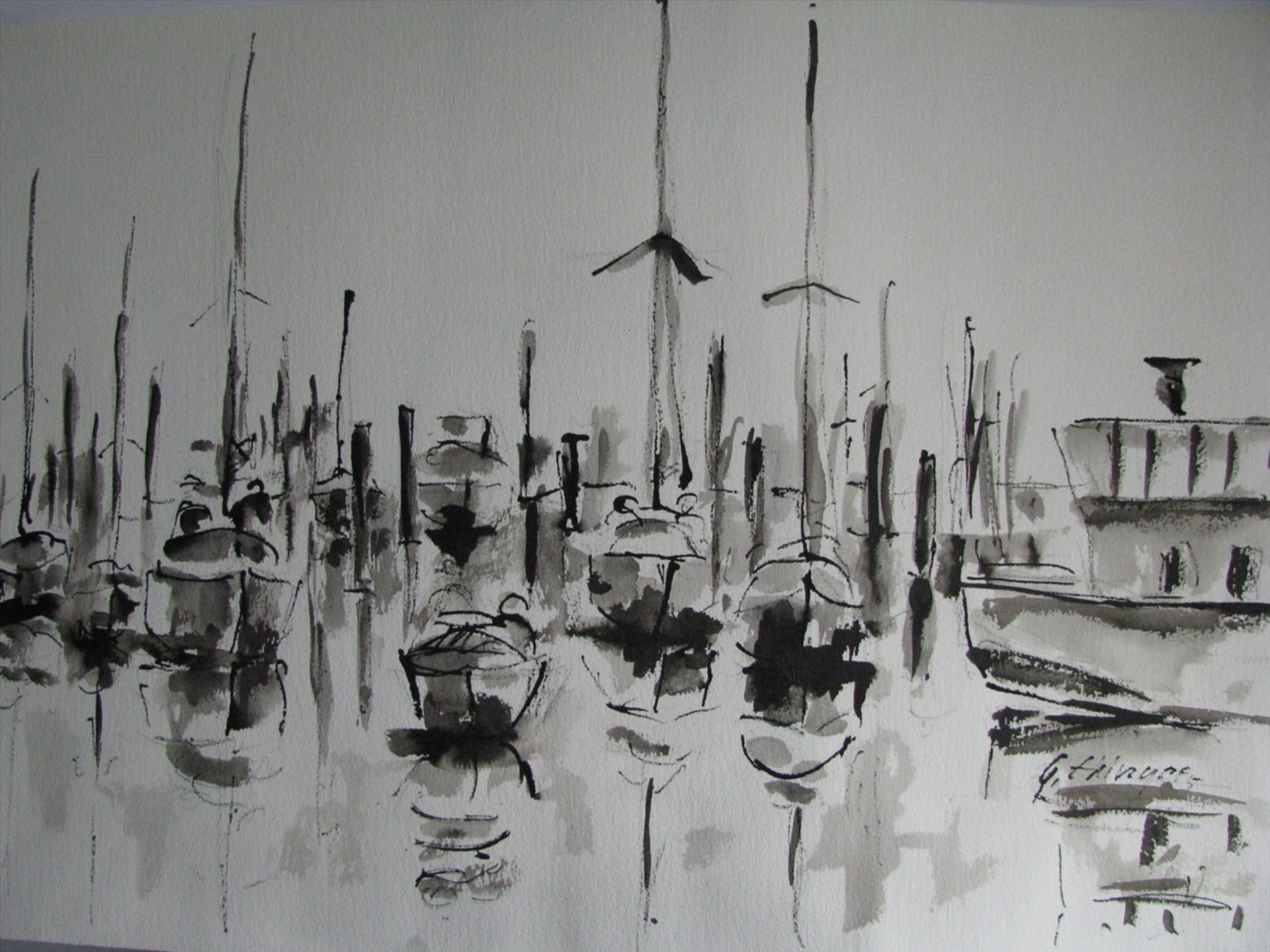 Ehinger, Gerda, Immenstaader Künstlerin, "Boote im Hafen", re.u.sign., Aquarell, 38 x 56,5 cm, o.R.-