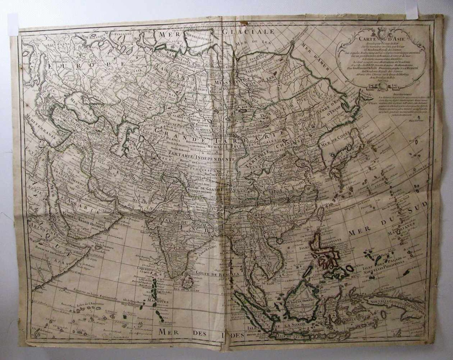 Kupferstichkarte, 1723, "Asien", altcol., besch., 50 x 65 cm, o.R.- - -19.00 % buyer's premium on