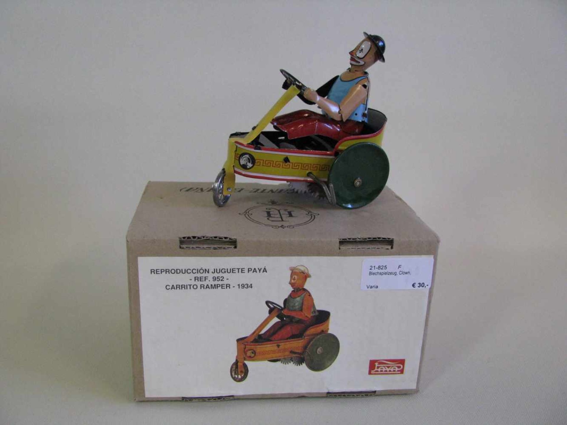 Mechanisches Blechspielzeug, Clown im Tretwagen, Spanien, Paya, limit. Aufl. 5000 Stück, Schlüssel