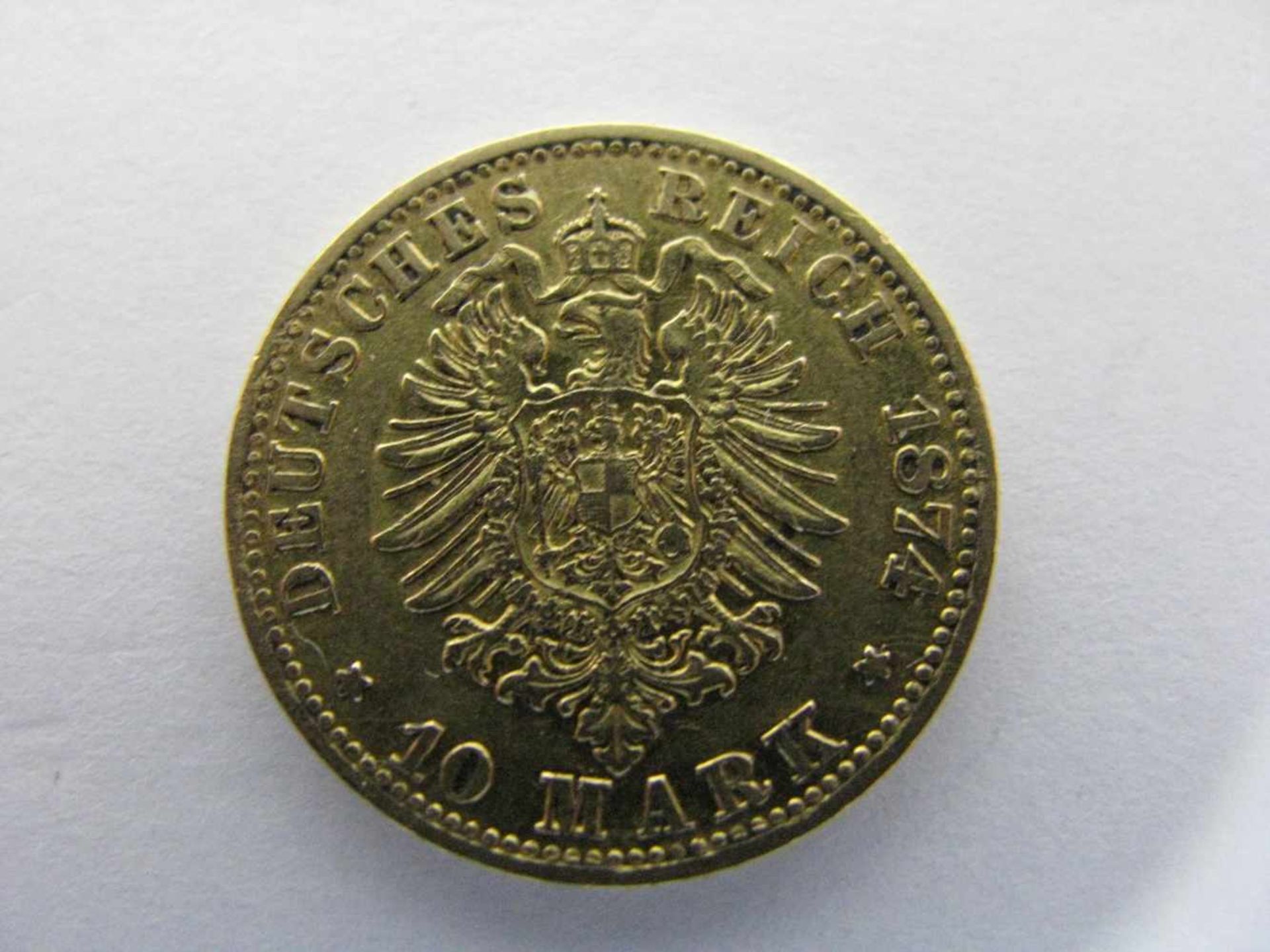 Goldmünze, 10 Mark, Kaiser Wilhelm von Preußen, 1874 B, 3,94 g, d 1,9 cm.- - -19.00 % buyer's - Bild 2 aus 2