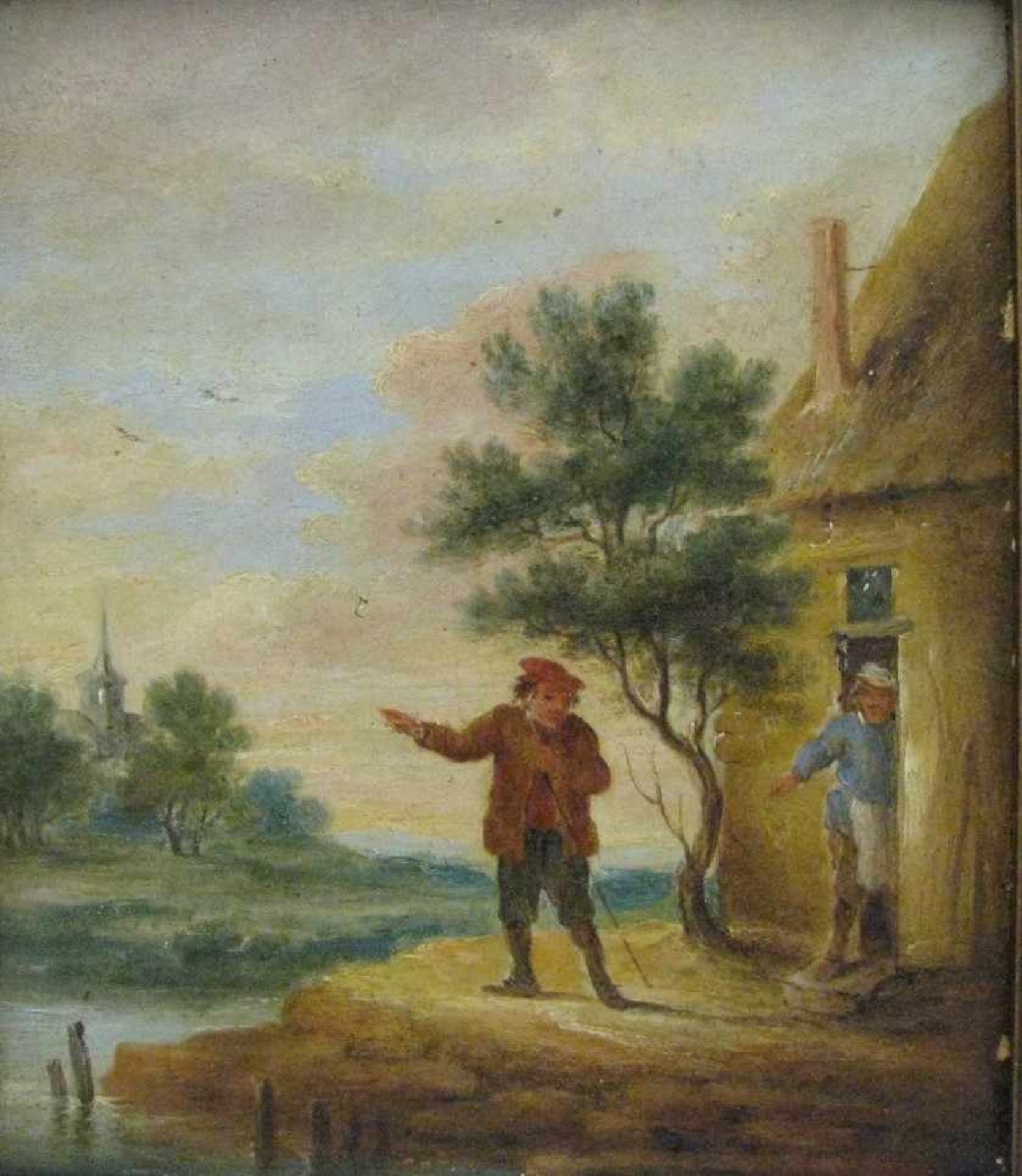 Teniers, Abraham, 1629 - 1670, Antwerpen - ebd., "Wanderer mit Stock vor einem Bauernhaus", Öl/Holz,