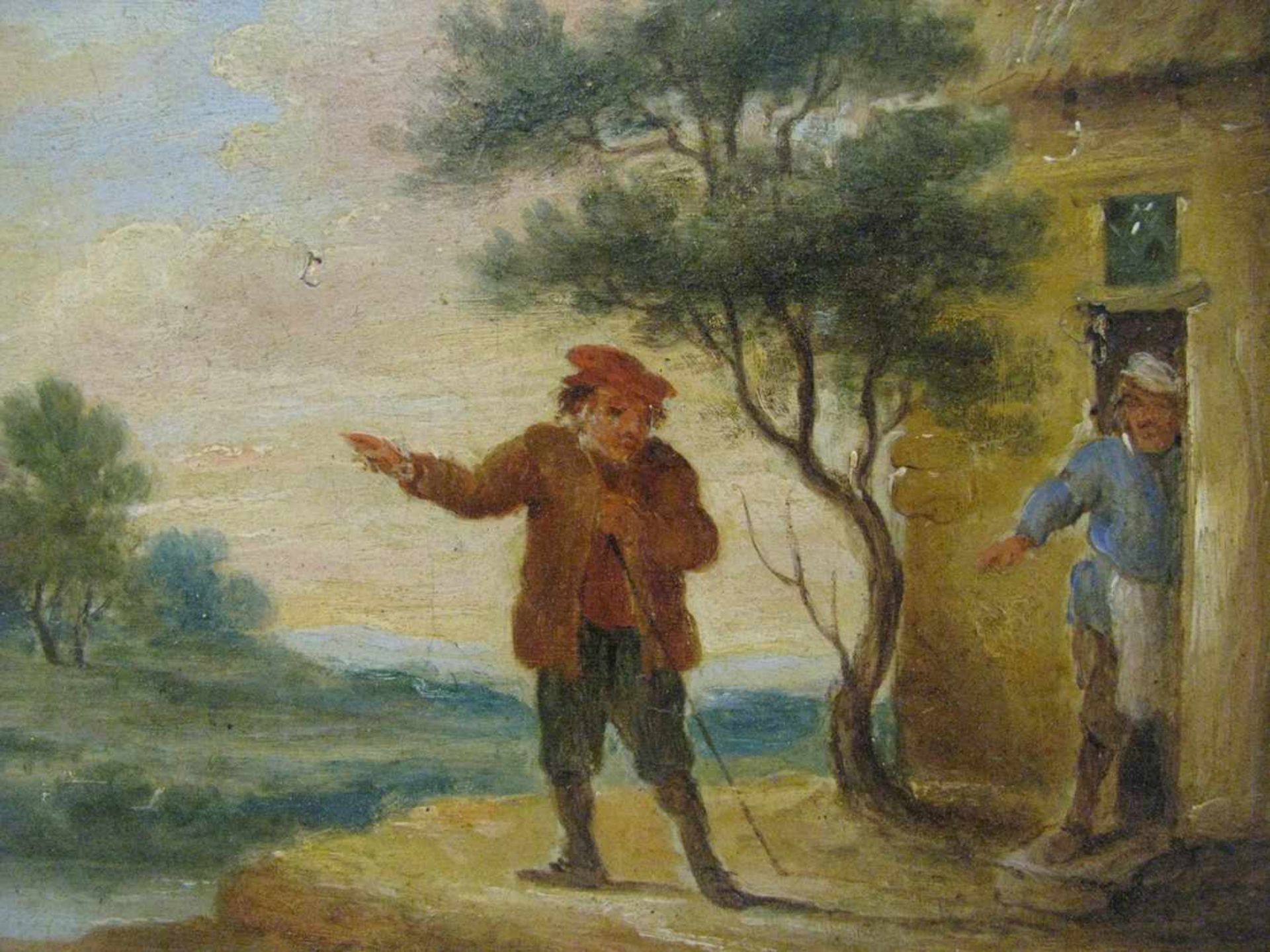 Teniers, Abraham, 1629 - 1670, Antwerpen - ebd., "Wanderer mit Stock vor einem Bauernhaus", Öl/Holz, - Bild 3 aus 4