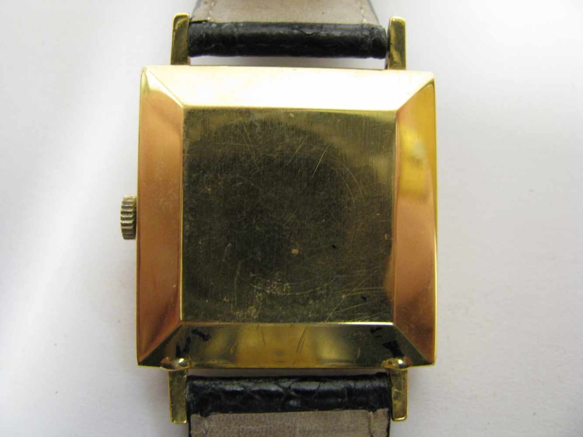 HAU, Eterna, Automatic, 4-eckiges Gehäuse 750er Gelbgold, gepunzt, Datumsanzeige, Lederband, intakt, - Image 2 of 2