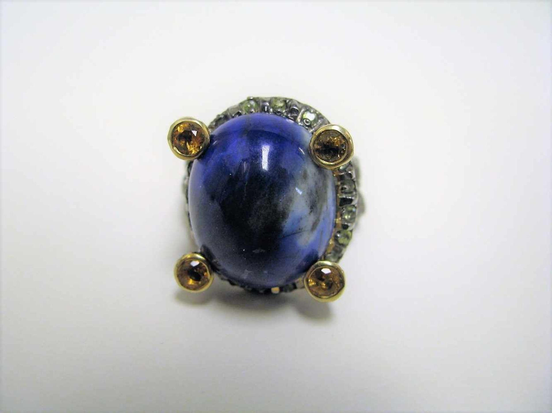 Designer-Ring, Lapislazuli-Cabochon, 4 cognacfarbene Saphire, 925er Sterlingsilber, gepunzt, 14-