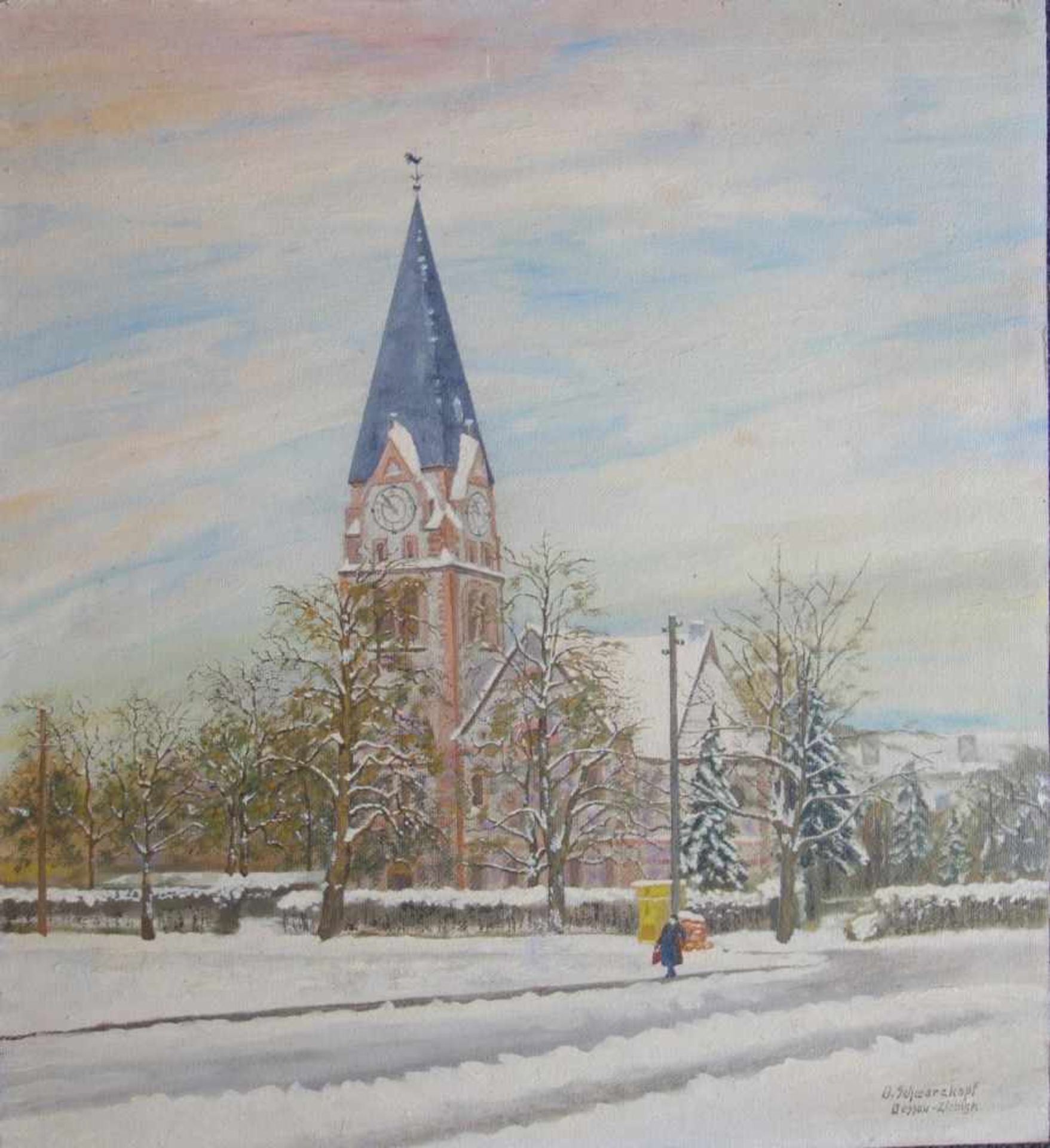 Schwarzkopf, O., "Christuskirche in Dessau - Ziebigk", 2.Hälfte 20.Jh. Öl/Hartfaser, signiert, 67*