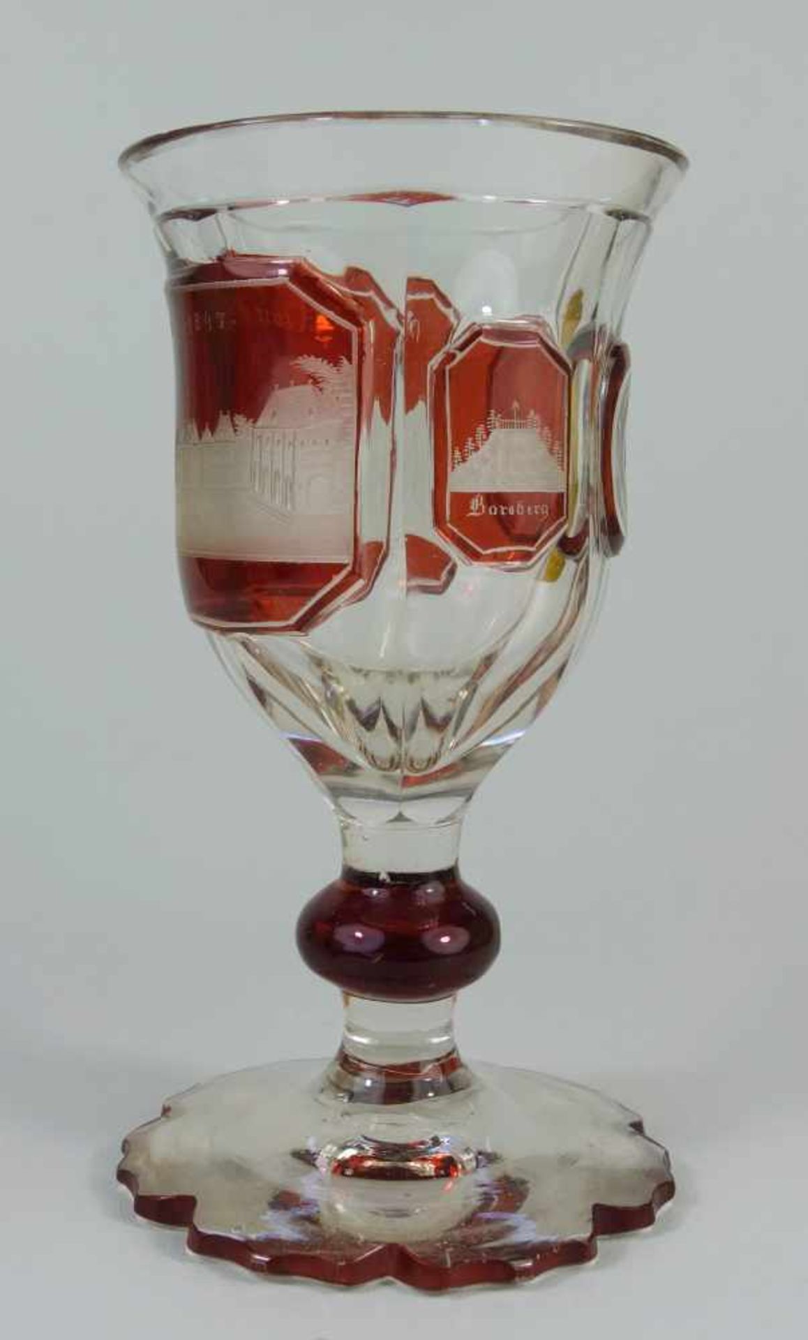 Pokal mit Ansicht von Pillnitz, dat. 1847farbloses Kristallglas mit Rotbeize, mehrpassiger Fuß, - Image 2 of 4