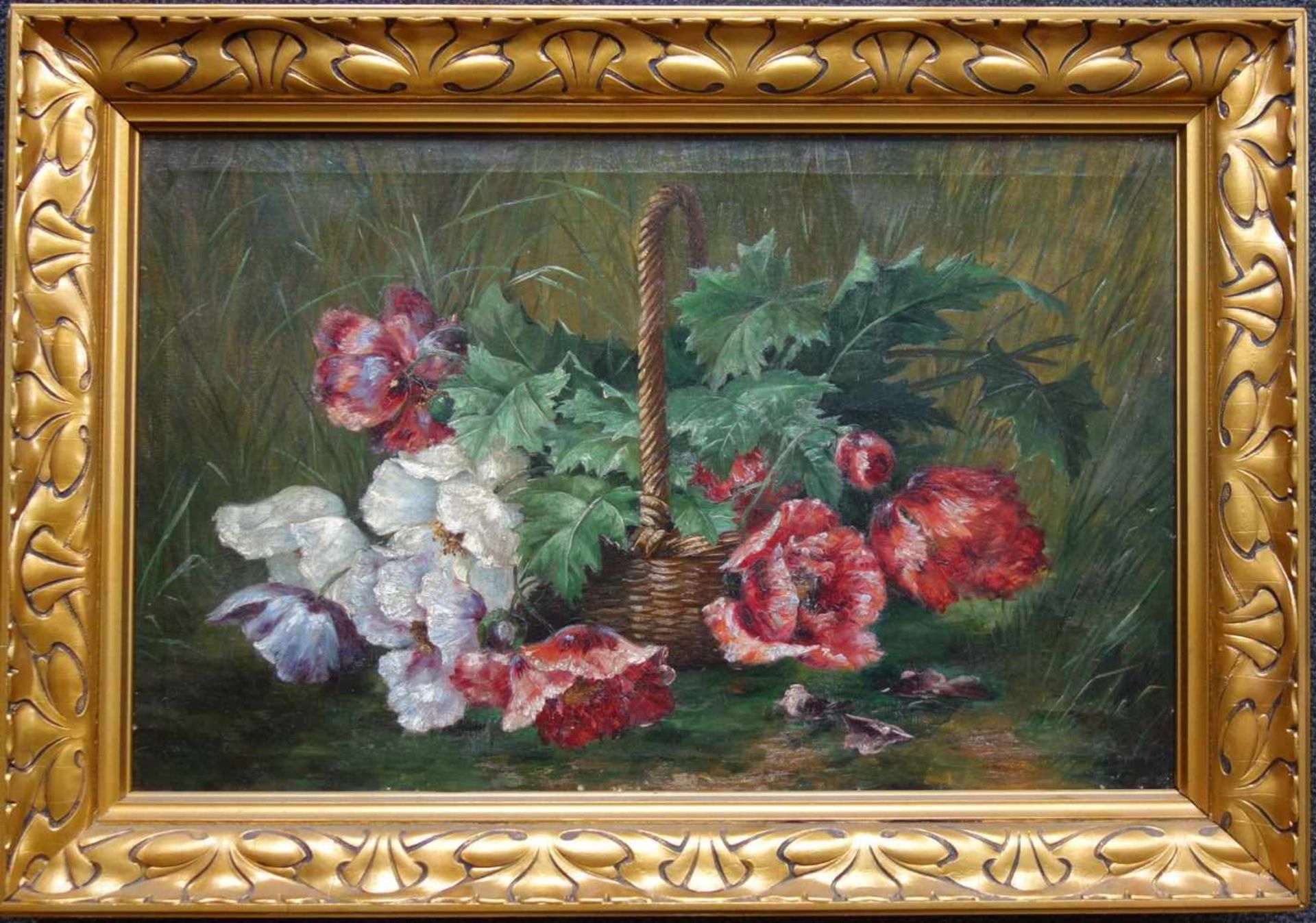 unsigniert, "Klatschmohn im Korb", Stilllebenmaler des 19./20 Jh. Öl/Lwd., 48*76,5cm,