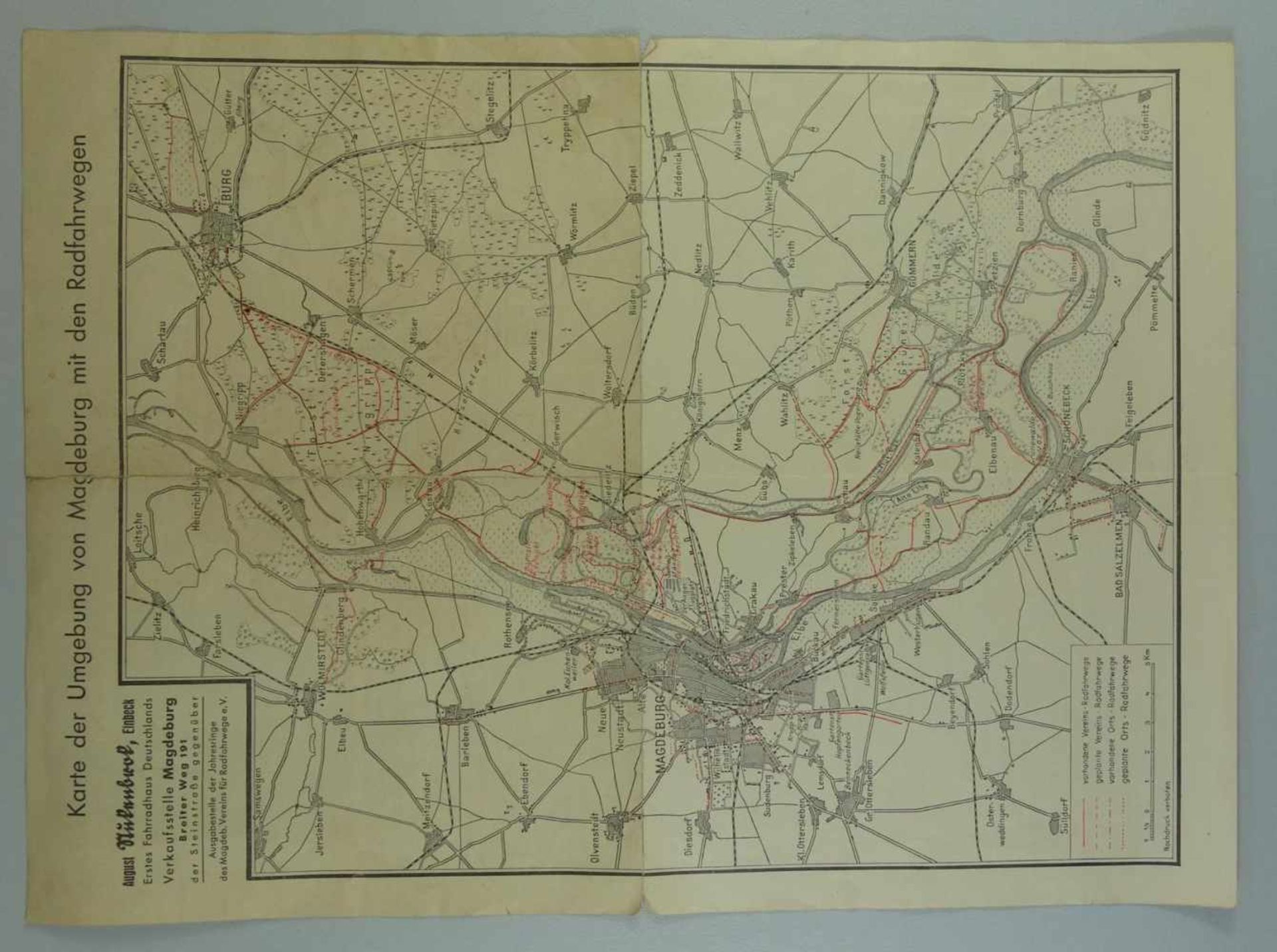 Karte der Umgebung von Magdeburg mit den Radfahrwegen, 20/30er Jahrerückseitig Werbung der Firma