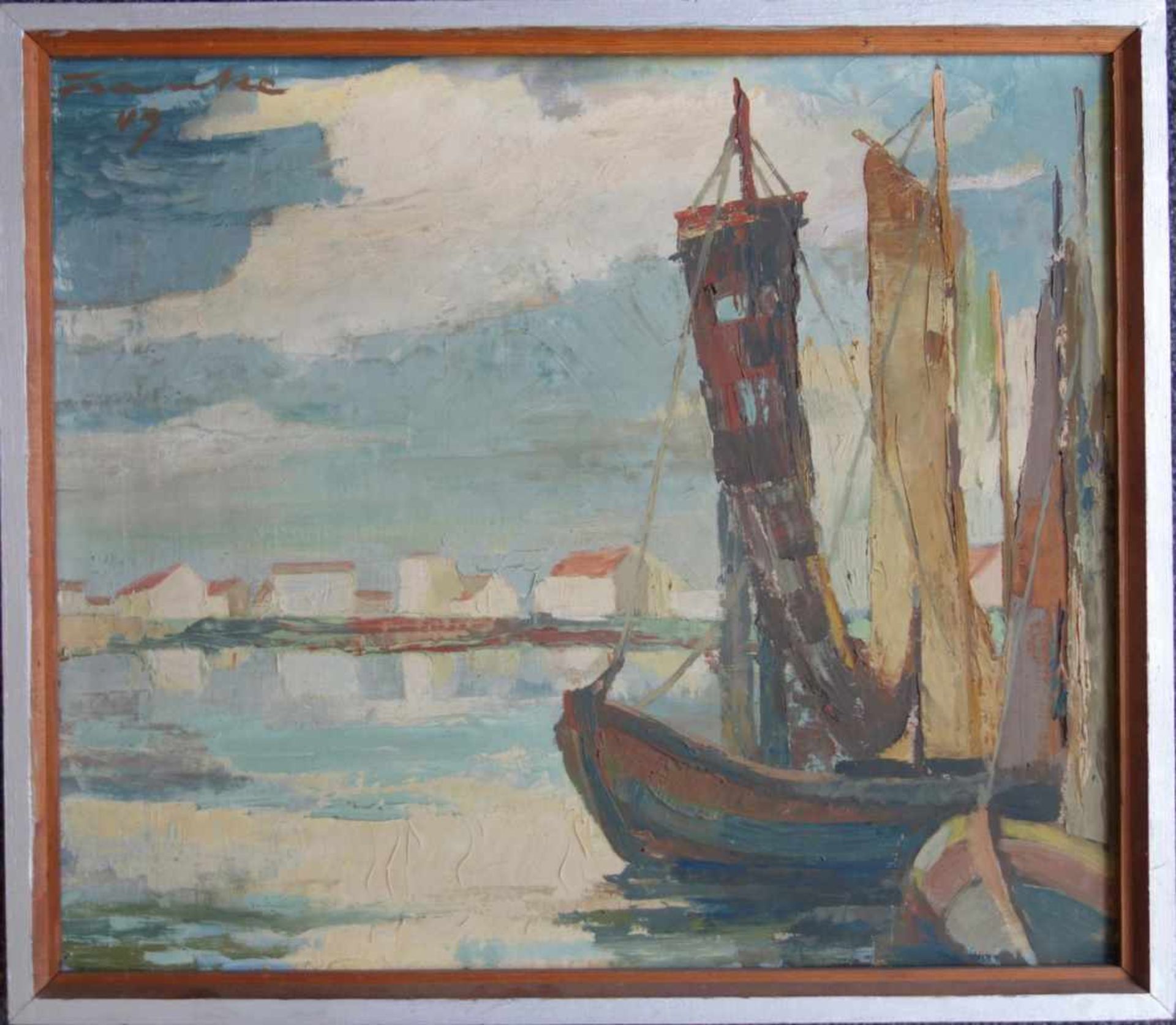 Franke, Bernhard, "Fischerboote von Hiddensee", 1949 1922 Bitterfeld - 2004 Gyhum; Öl/Karton, vorn