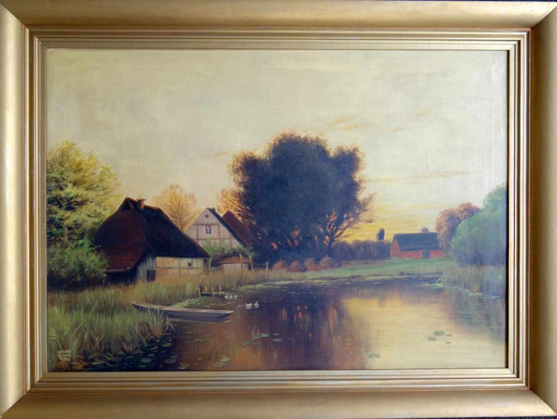 Ochs, Herbert,"Häuser am Weiher", 1942 Öl/Lwd., signiert und datiert, 71*101cm, bronzierter