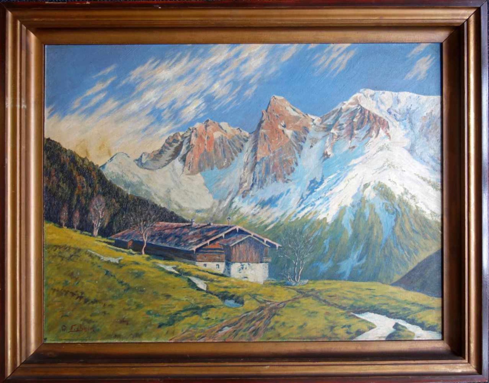 Eisbein, W., "Berghütte in Gebirgslandschaft", 30/40er Jahre Öl/Hartfaser, signiert, 60*80cm,