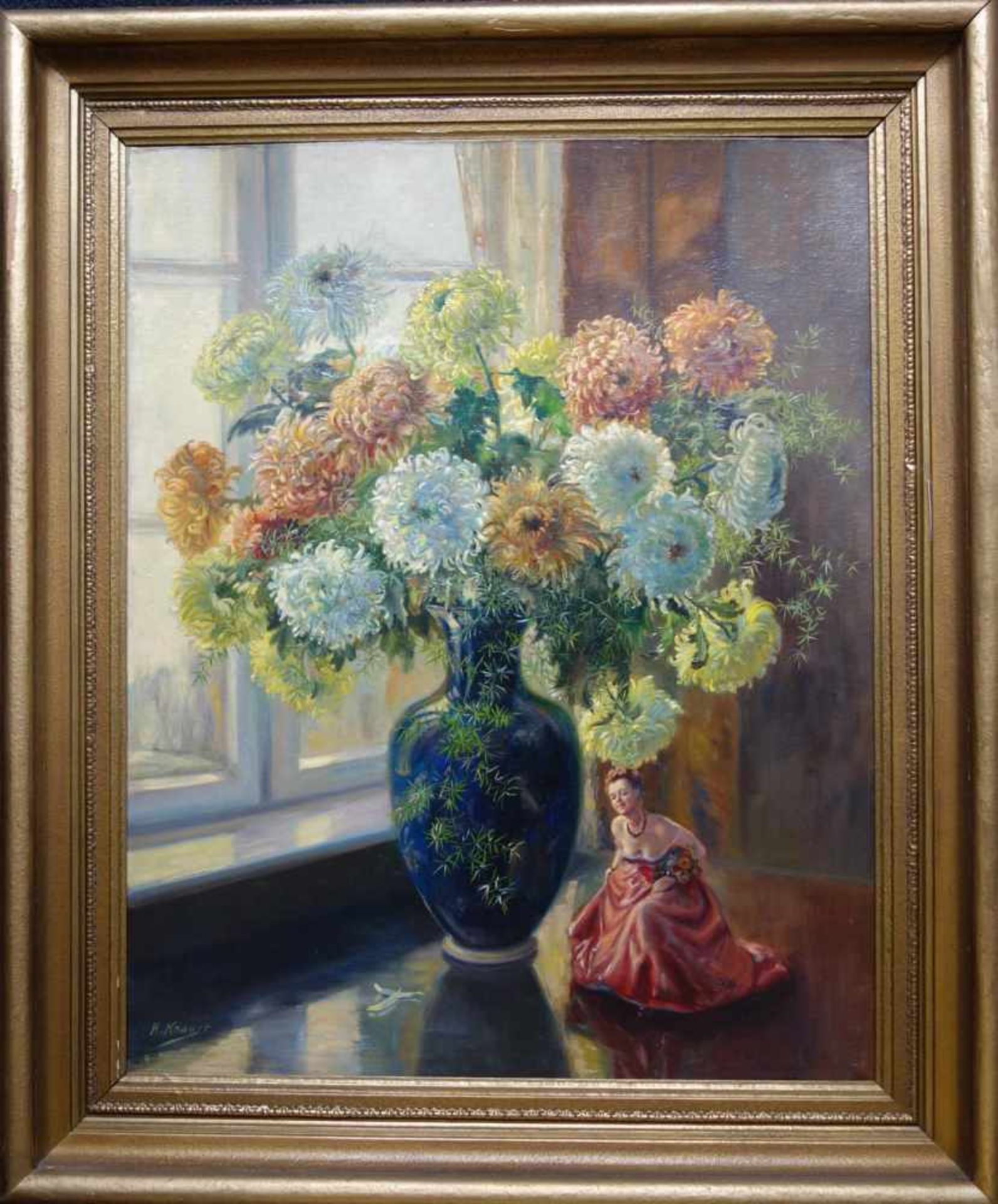 Knaust, H., "Stillleben mit Chrysanthemen", um 1920 Öl/Lwd. auf Hartfaser, signiert, 100*80cm,