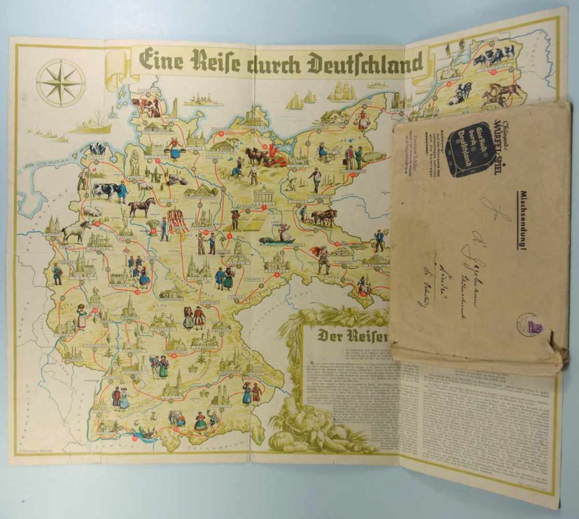 Würfelspiel "Eine Reise durch Deutschland" um 1930Druck M.Fuhrmann, München, im adressierten