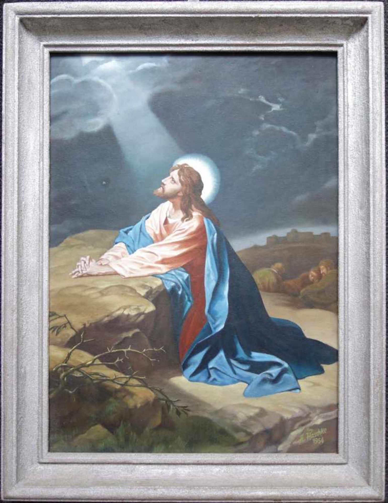 Haschke, A., Kopie "Jesus" Öl/Lwd.auf Karton, signiert, 71,3*51,7cm, Silber beglimmerter Holzrahmen