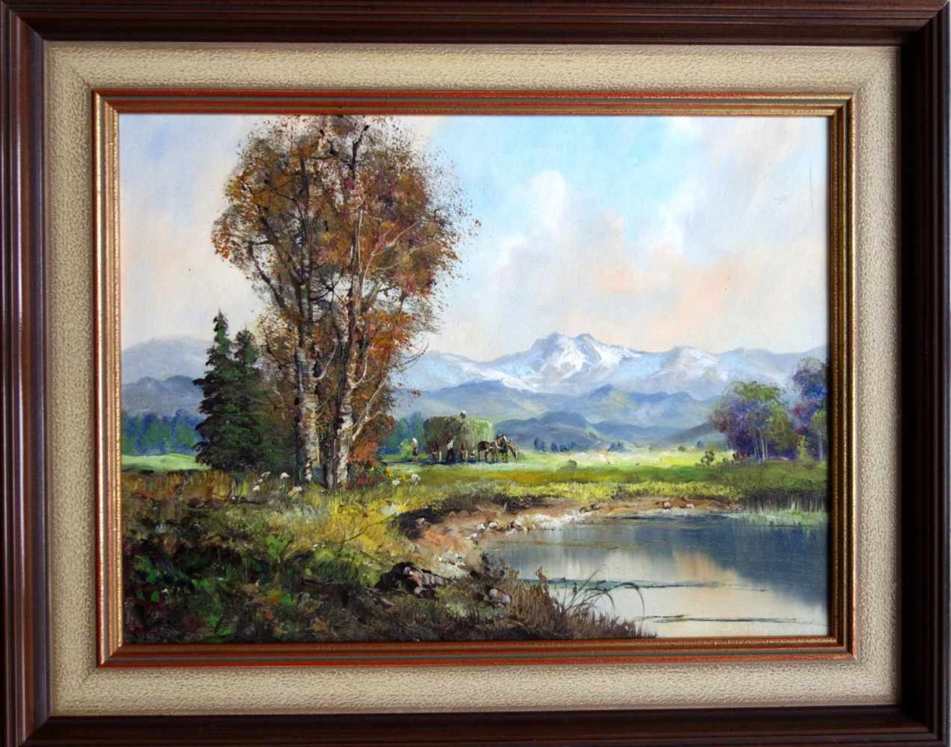 Fruhmesser, Joseph, "Heuernte in Voralpenlandschaft" 1928-1995, Öl/Lwd., signiert, 30,5*40,5cm,