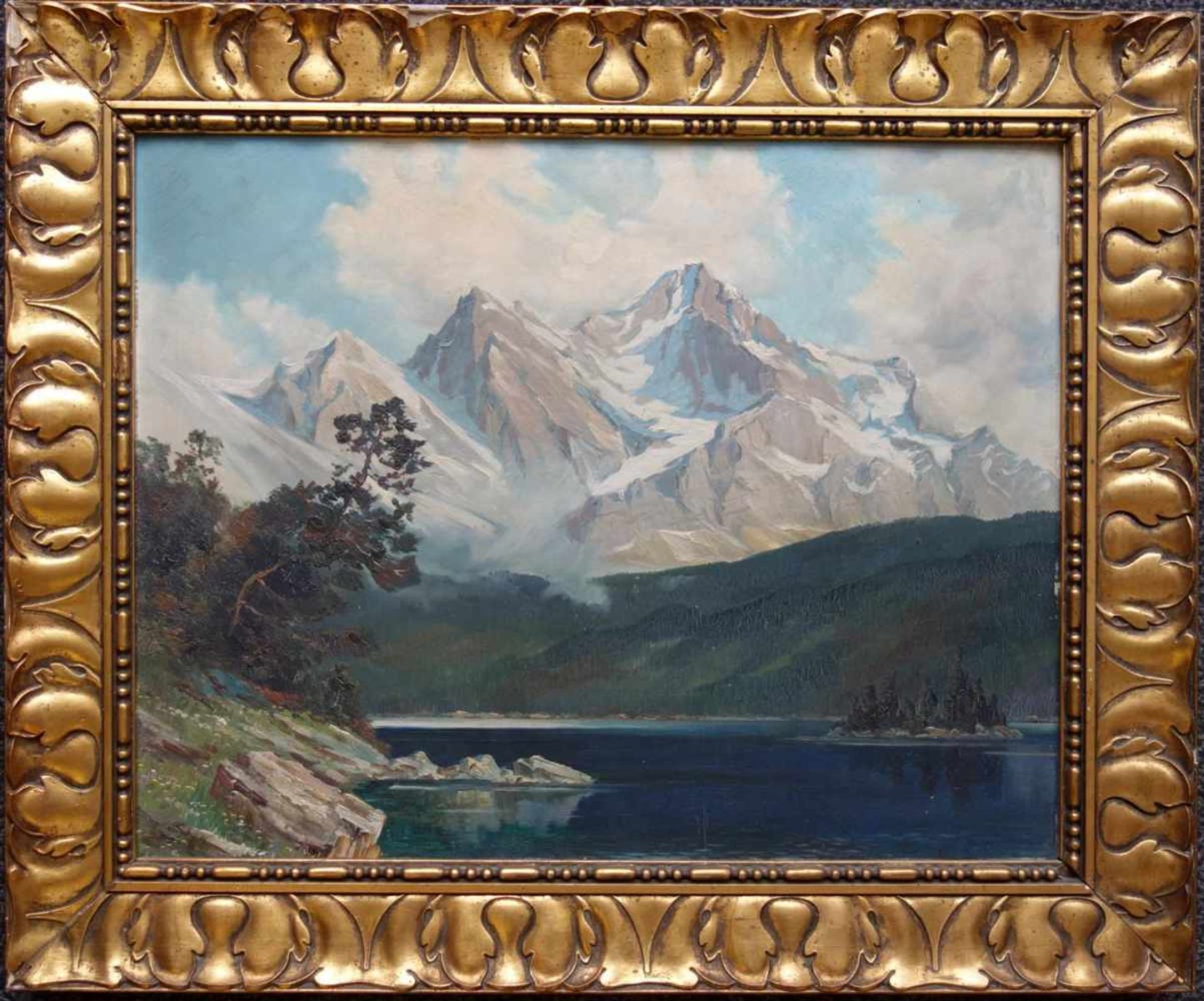 Alsmeier, Friedrich, München, "Eibsee mit Blick auf die Zugspitze", 20er Jahre Öl/Karton, rückseitig