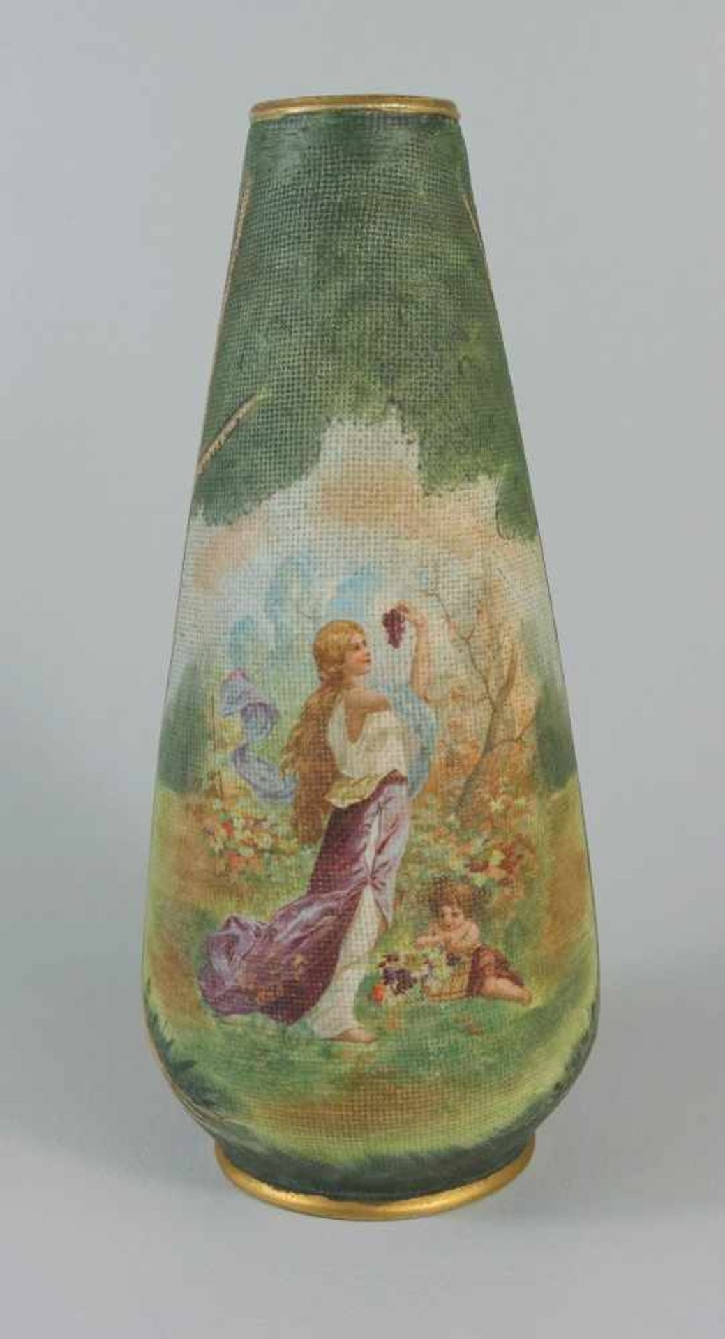 Vase, Allegorie des Herbstes, Jugendstil konisch, Leinenstruktur, umlaufendes Bild, partiell