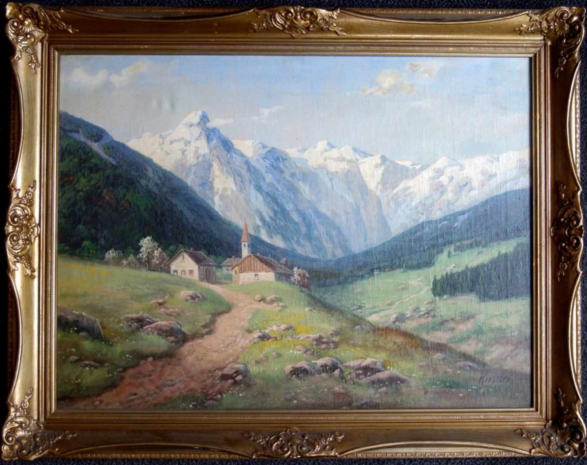 Kersten, "Alpenlandschaft mit Kapelle" Öl/Lwd., signiert, 60*80cm, Goldstuckrahmen