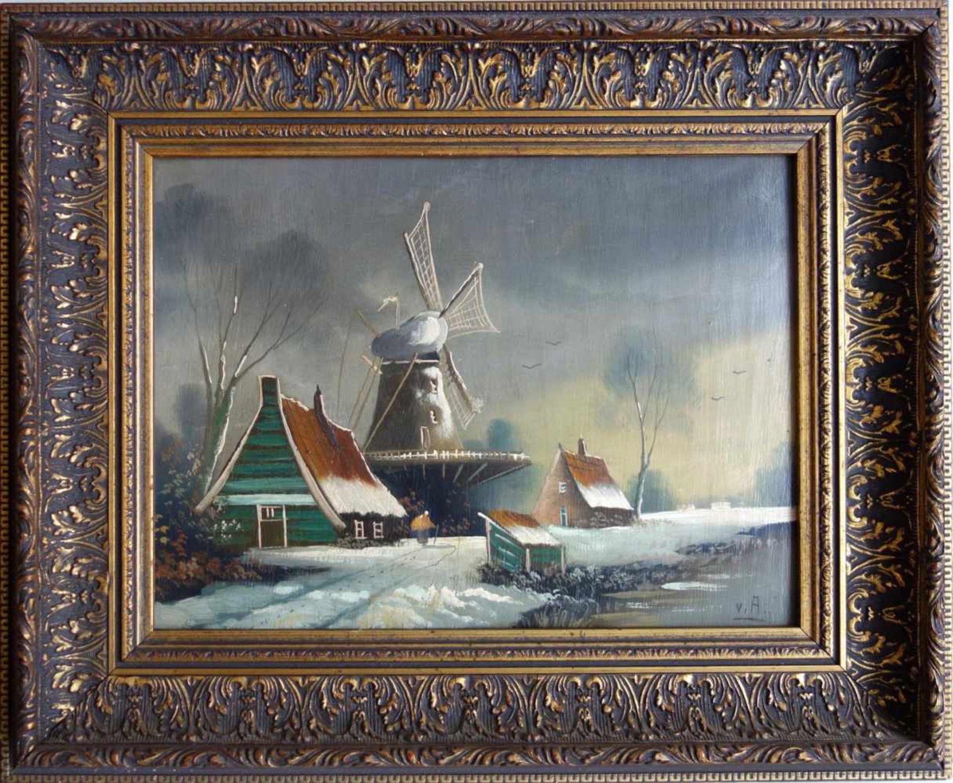 2 Winterlandschaft mit Mühle Öl/Holz, signiert 1* v.A. und 1* undeutl., ca.28*39cm, mit