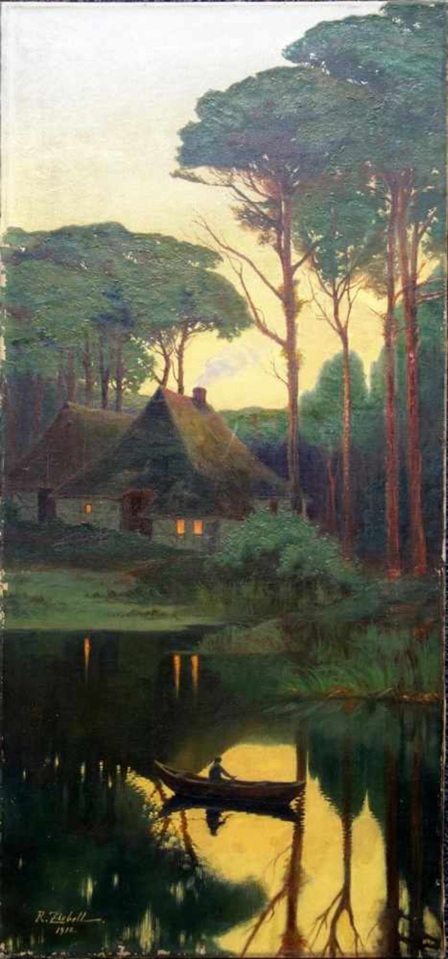 Ziebelt, R., "Reethaus am Weiher bei Sonnenuntergang", 1910 Öl/Lwd., signiert, 96,5*45cm