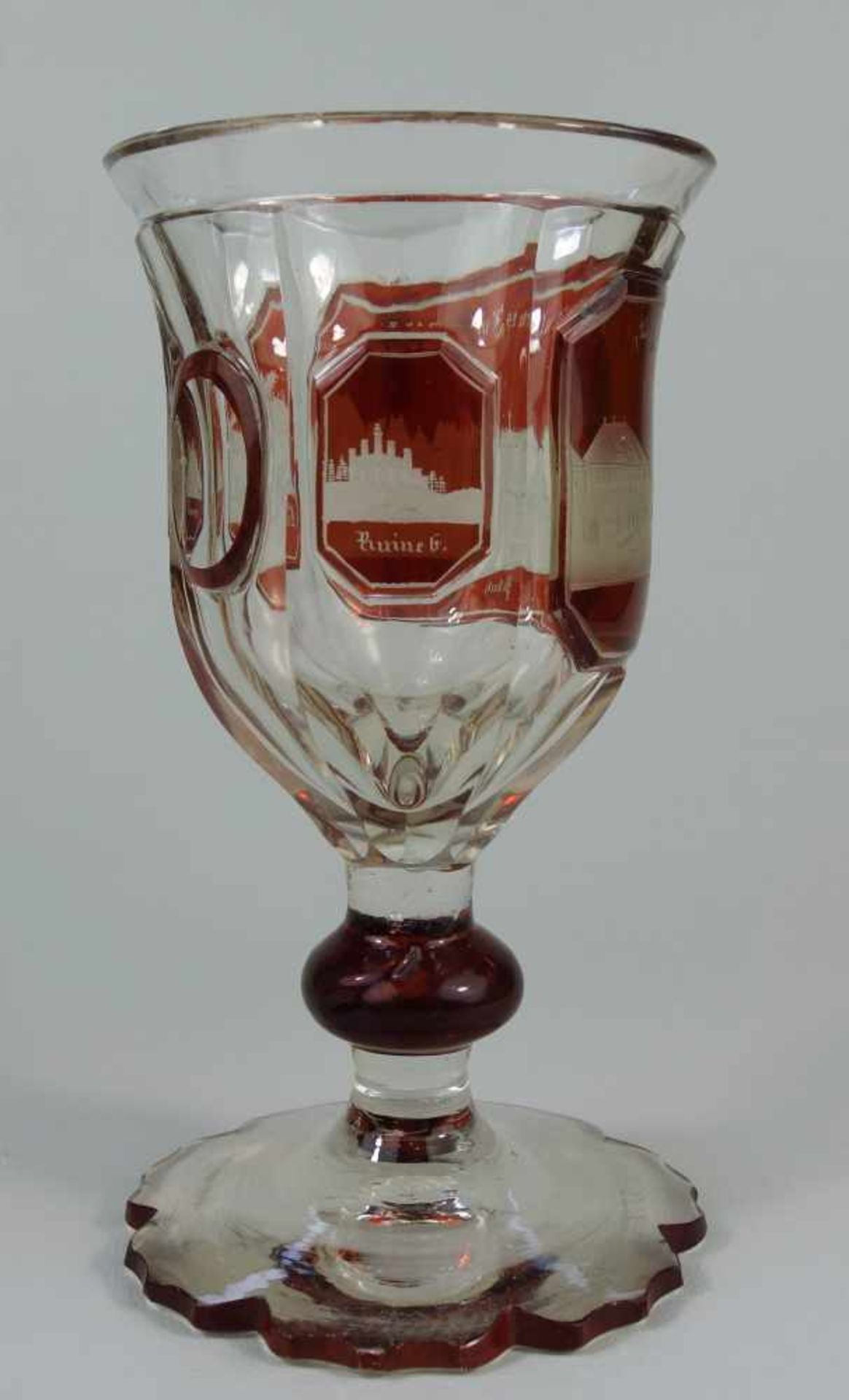 Pokal mit Ansicht von Pillnitz, dat. 1847farbloses Kristallglas mit Rotbeize, mehrpassiger Fuß, - Bild 4 aus 4