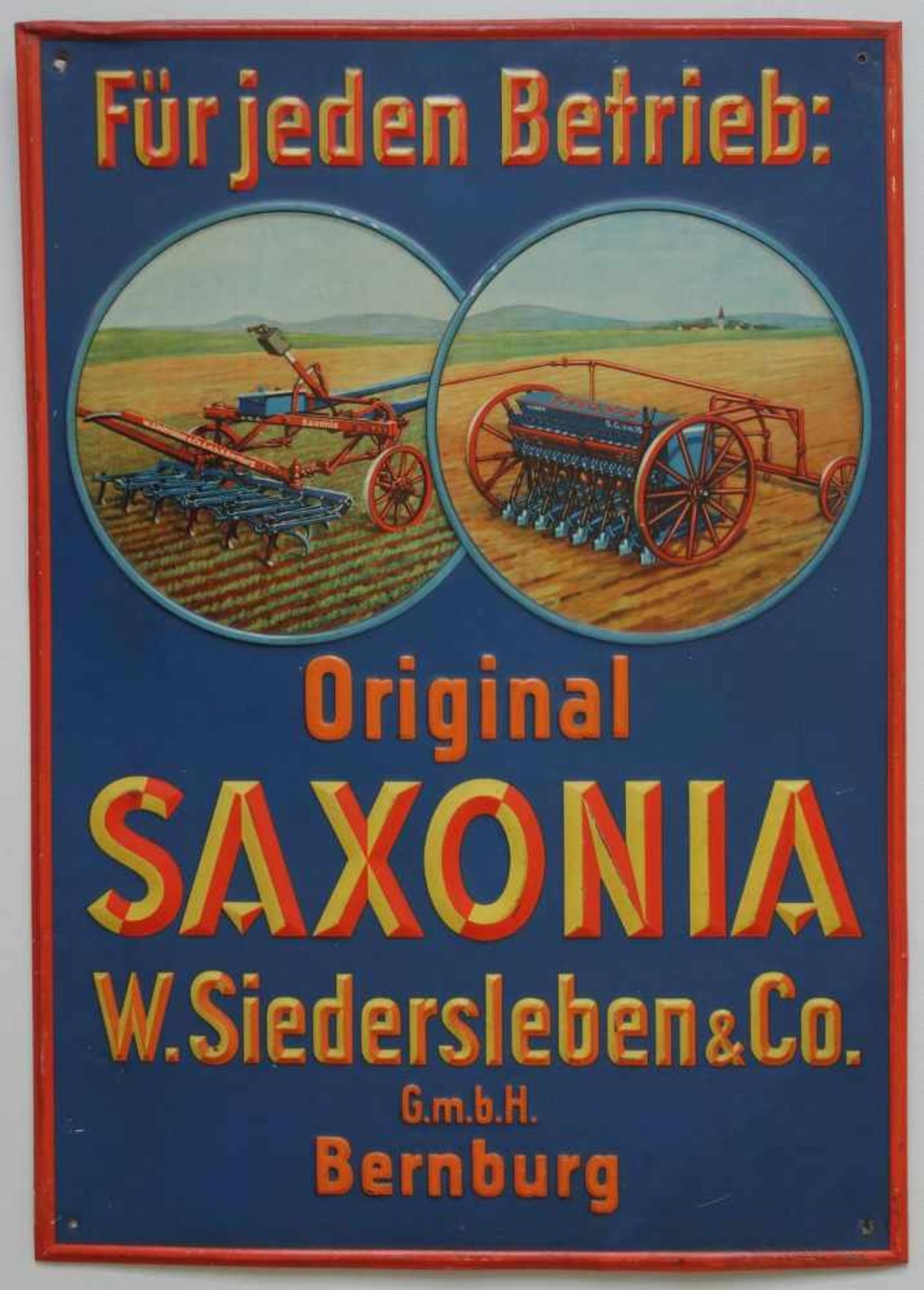 Blechschild "Original Saxonia, W. Siedersleben&Co. G.m.b.H. Bernburg", 1.Hälfte 20.Jh.geprägtes