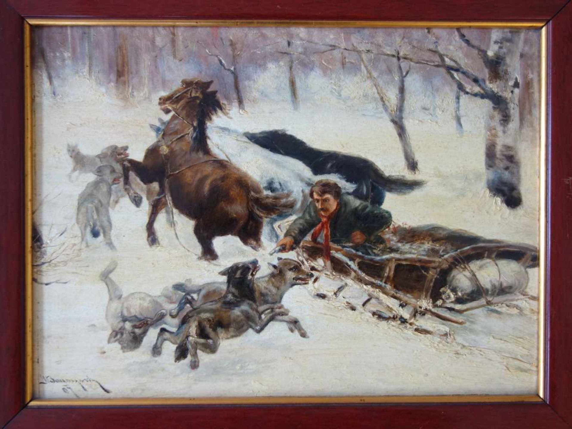 Baumgartner-Stoiloff, Adolf, "Wolfsangriff", 1907 1850 Linz - 1924 Wien; Öl/Hartfaser, signiert - Bild 2 aus 2