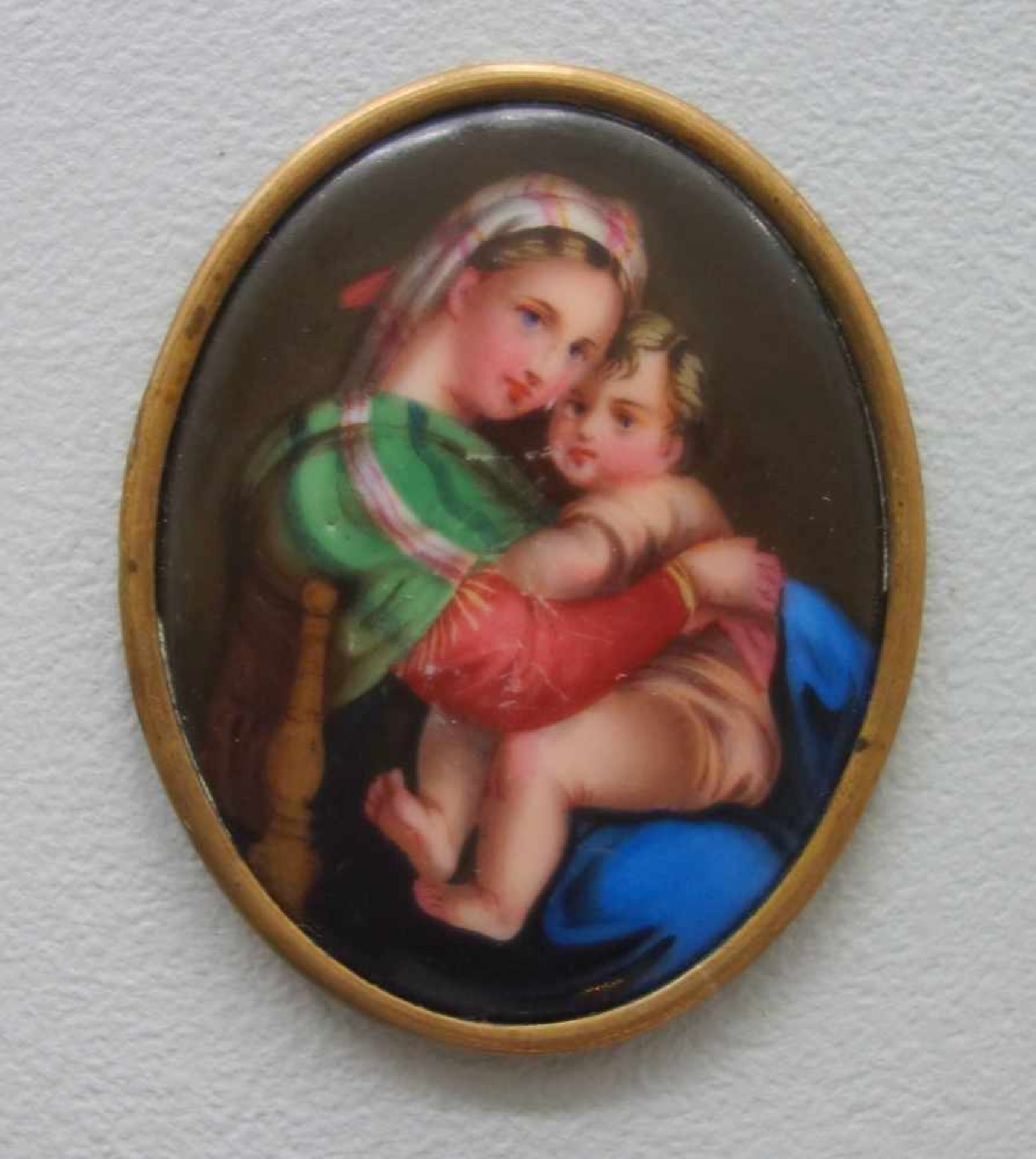 Miniaturmalerei "Madonna della Sedia" nach Raphael, 19.Jh. ovales, gewölbtes Porzellangemälde,