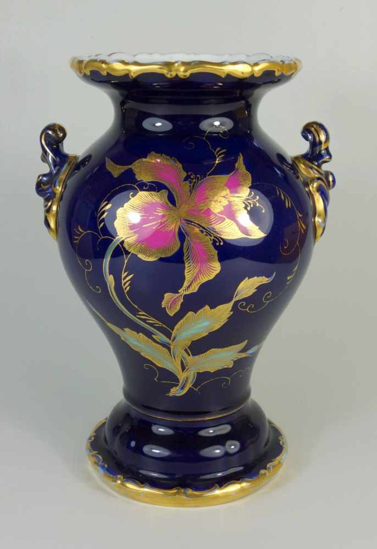 Vase, Baensch, Lettinkobaltblau mit floralem Golddekor, H.25cm