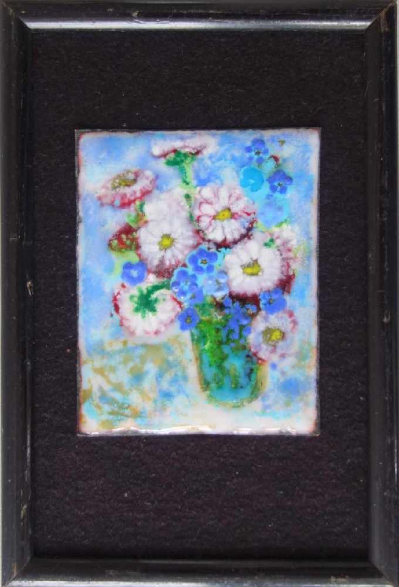 Emaillebild "Blumenstrauß", 2.Hälfte 20.Jh. 8*6cm, auf Stoffgrund, gerahmt