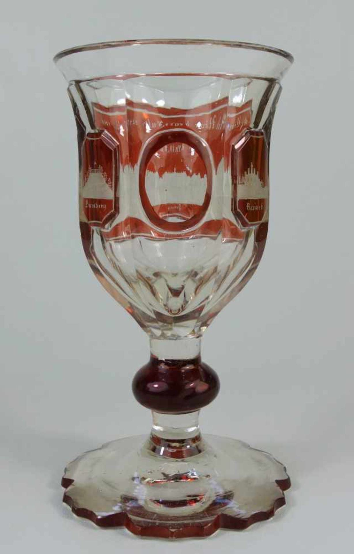 Pokal mit Ansicht von Pillnitz, dat. 1847farbloses Kristallglas mit Rotbeize, mehrpassiger Fuß, - Bild 3 aus 4