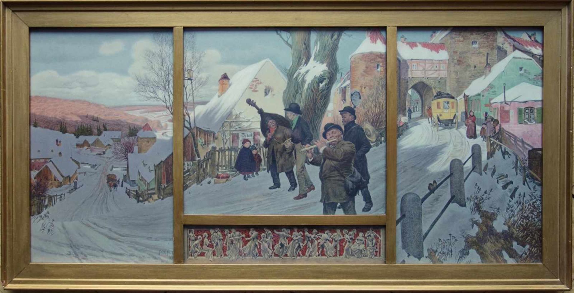 Hey, Paul, Straßenmusikanten in winterlicher Dorflandschaft 1867 München - 1952 Gauting; vierfach