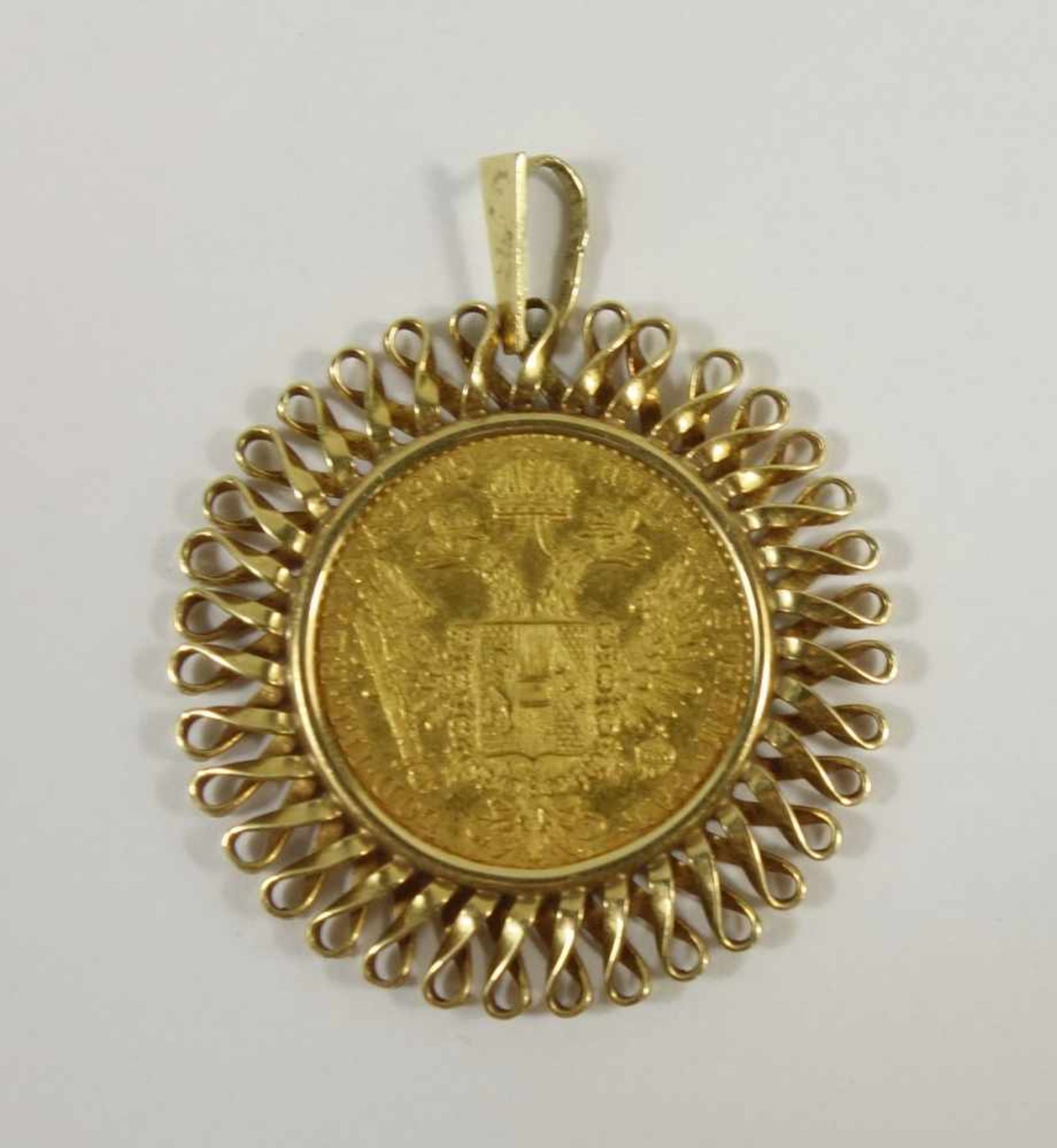 Münzanhänger, 986er / 585er Gold Gesamt-Gew.6,52g, 1 Dukat Goldmünze 1872-1915 Franz Joseph I