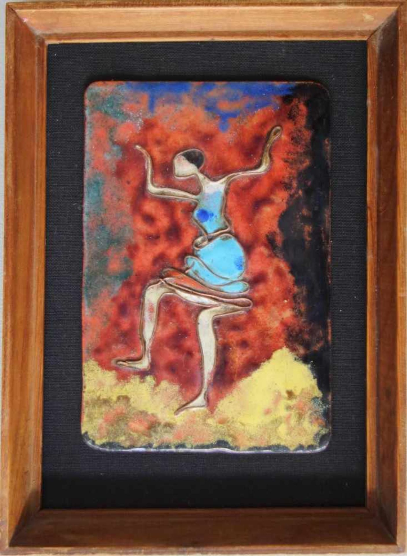 Emaillebild "Tänzerin", 2.Hälfte 20.Jh. Kupferstegemaille, 11,5*8cm, auf Stoffgrund, gerahmt