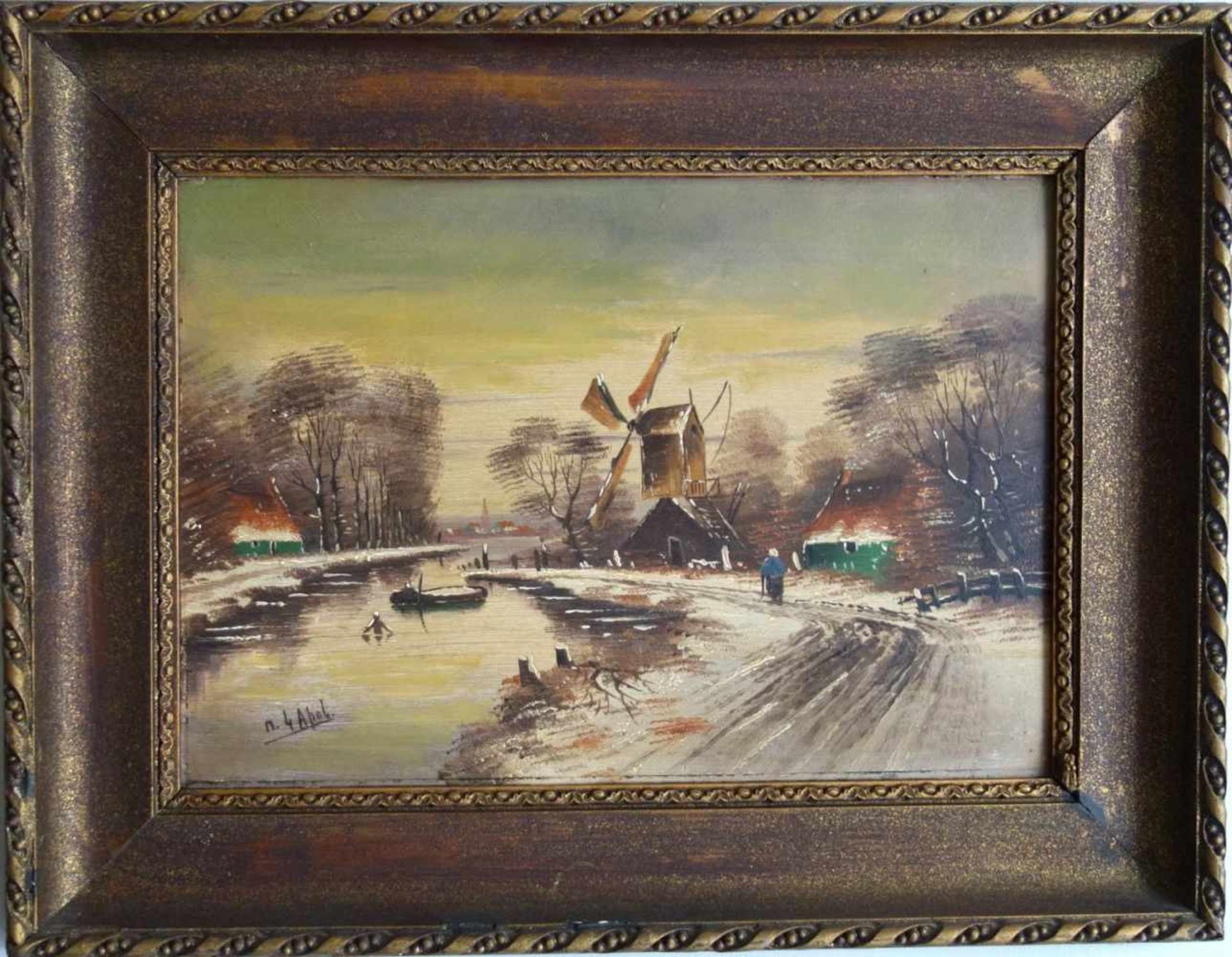 2 Winterlandschaft mit Mühle Öl/Holz, signiert 1* v.A. und 1* undeutl., ca.28*39cm, mit - Bild 2 aus 2