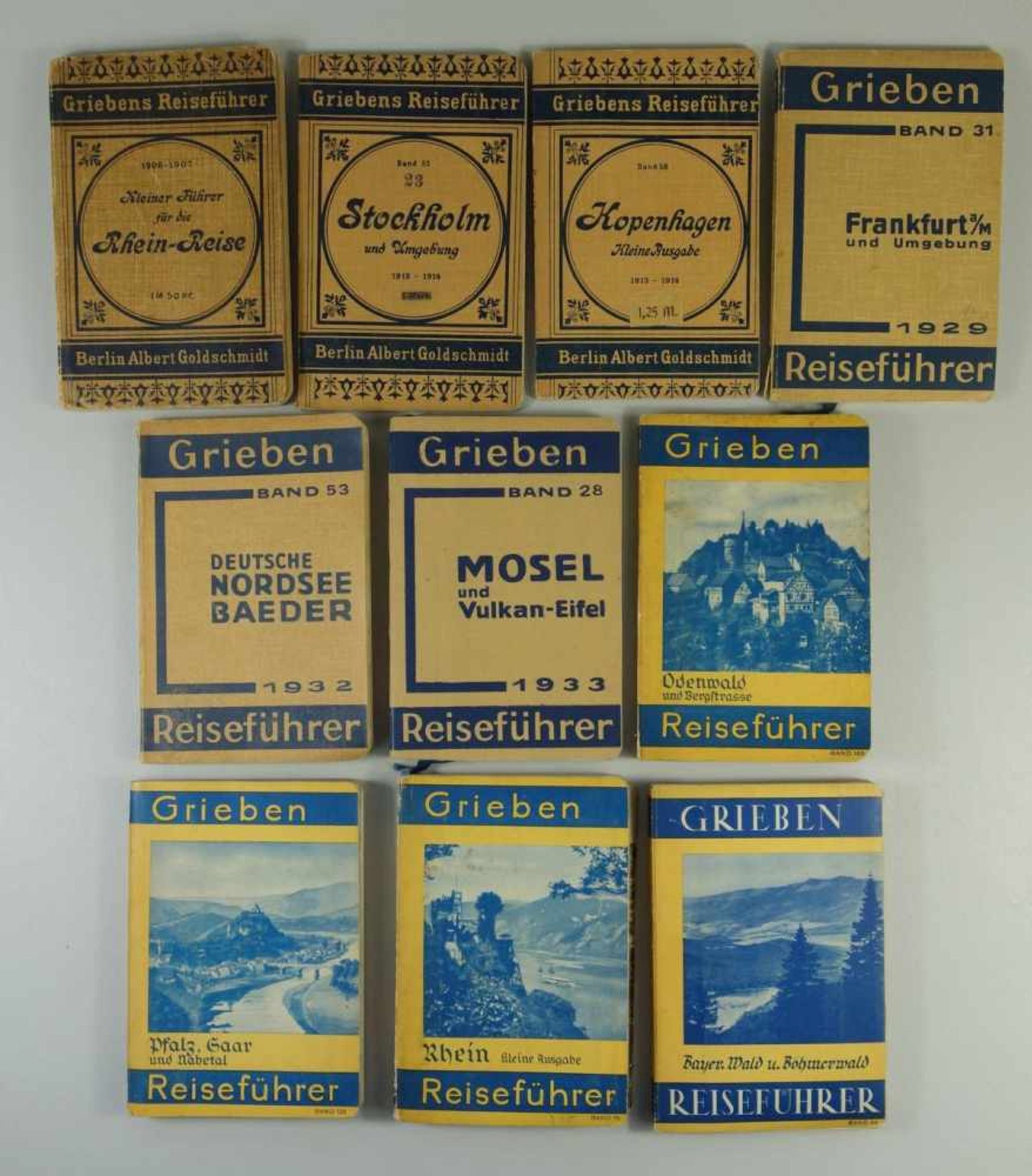 10 Ausgaben Griebens Reiseführer, 1906-1938Rhein-Reise, Bd.75; Stockholm, Bd.52; Kopenhagen, Bd.