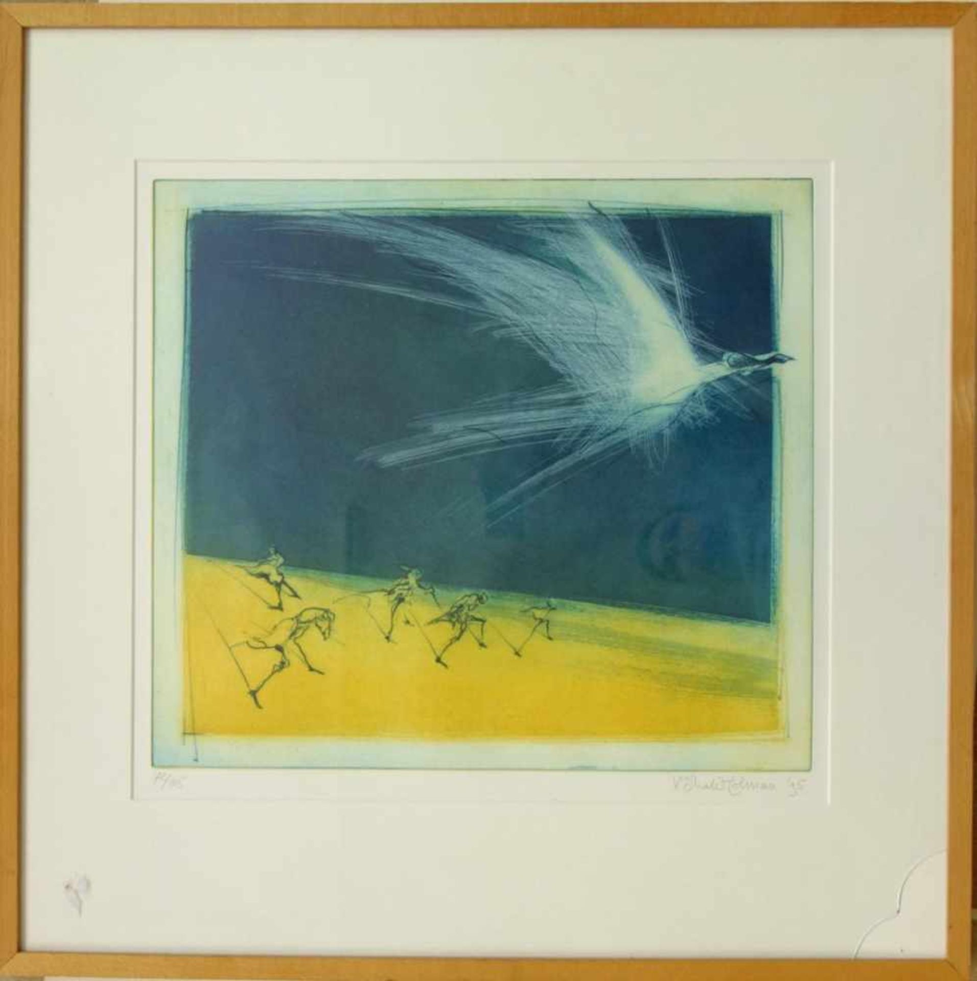 Shaw Tolman, V. "Vogelflug", 1995Farbradierung, stilisierter Vogel in Landschaft, unten rechts - Bild 2 aus 2