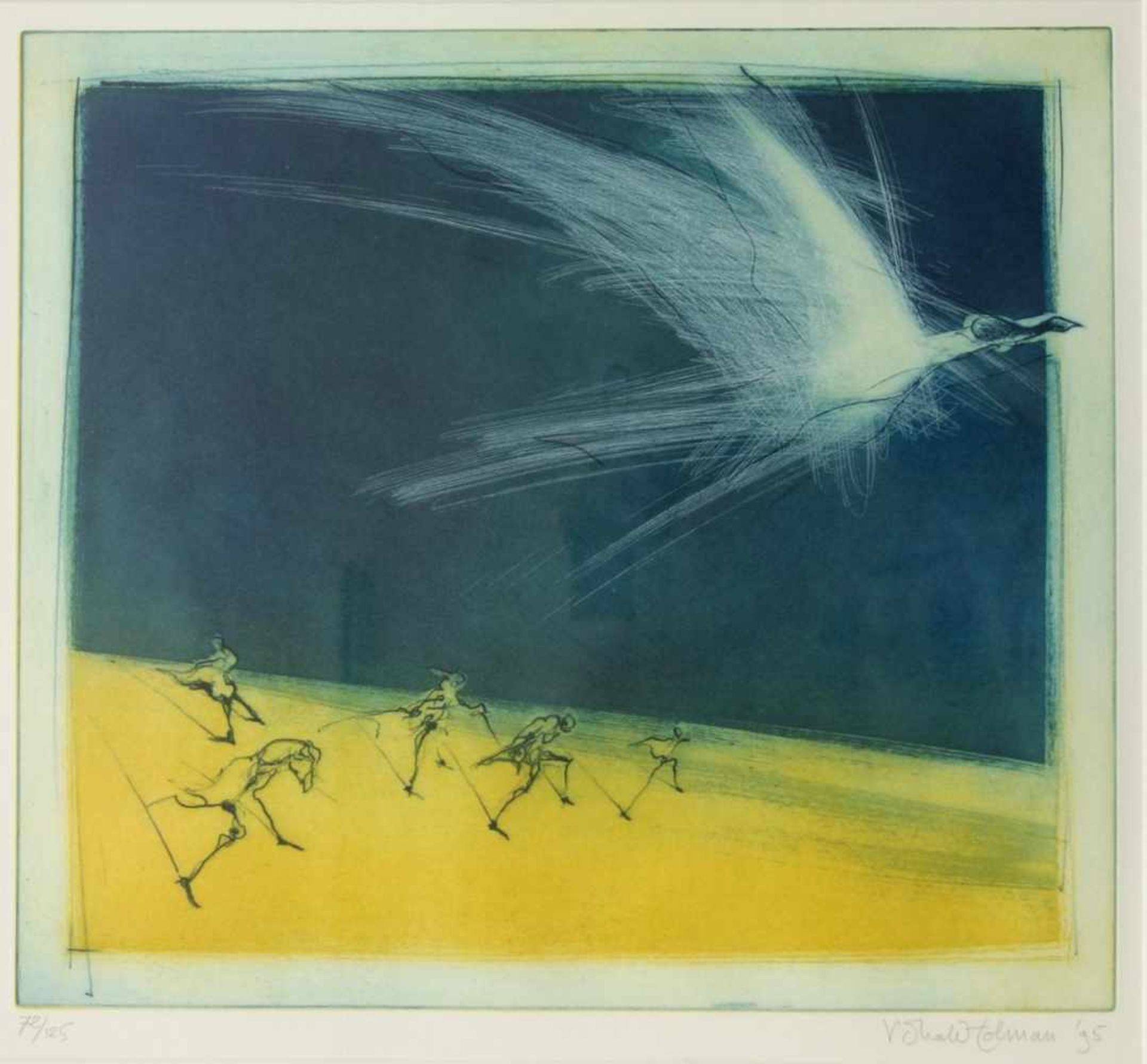 Shaw Tolman, V. "Vogelflug", 1995Farbradierung, stilisierter Vogel in Landschaft, unten rechts